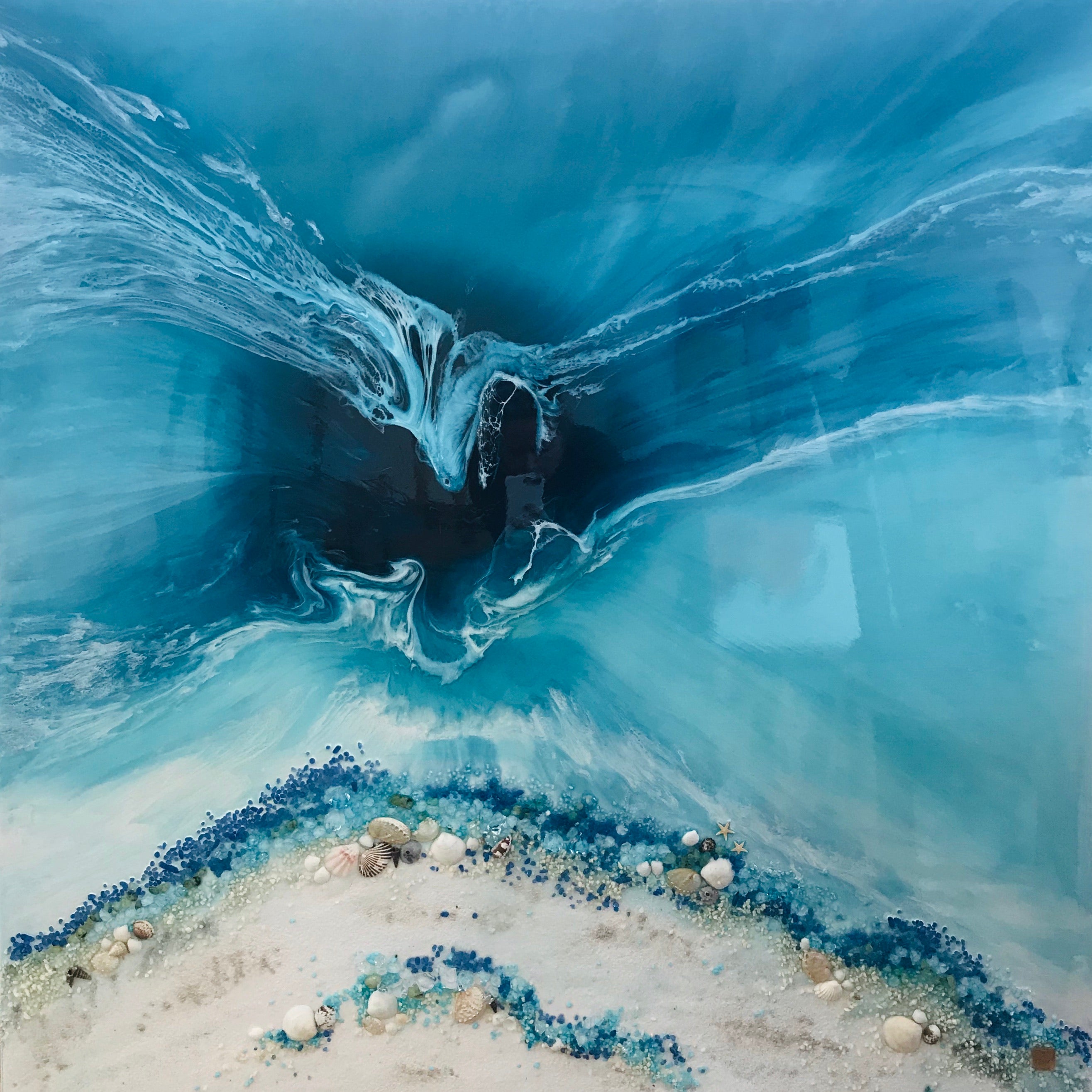TEAL AND WHITE. Crystal clear. Ocean Original Artwork. Antuanelle 4 Clear. Artwork with Amazonite. 90x90cm