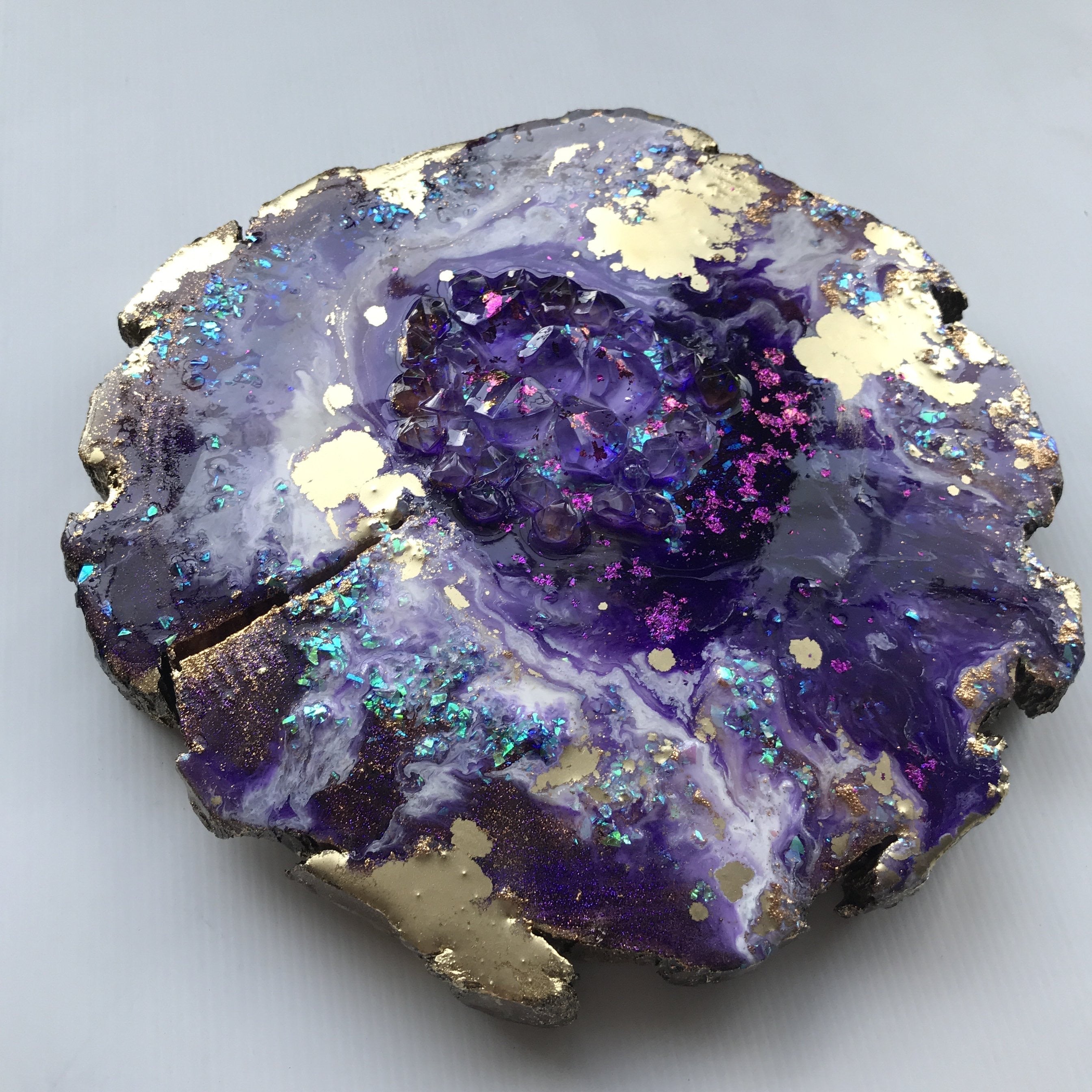 Amethyst Geode. Freeform Purple and Gold Geode Gemstone Artwork with Amethysts