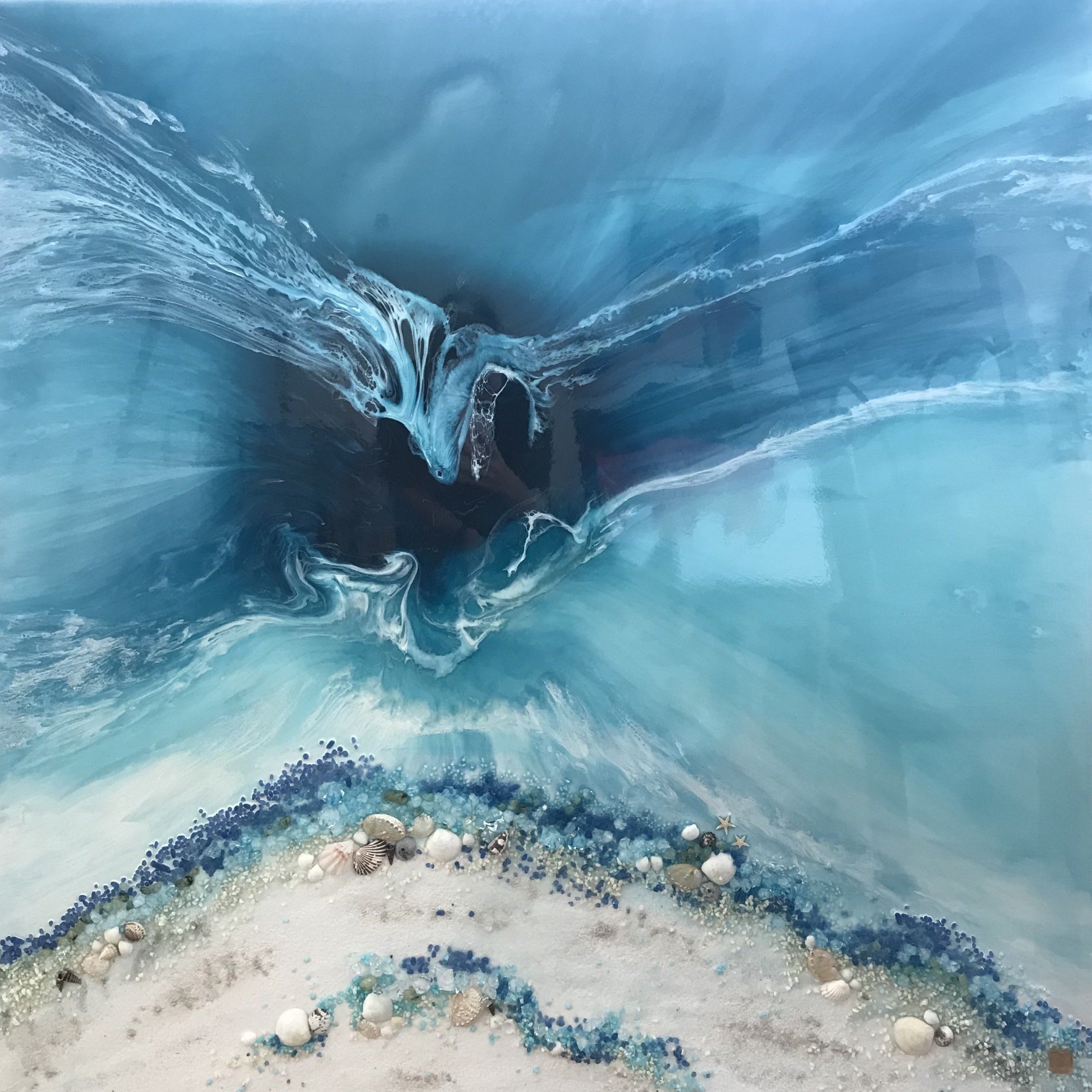 TEAL AND WHITE. Crystal clear. Ocean Original Artwork. Antuanelle 9 Clear. Artwork with Amazonite. 90x90cm