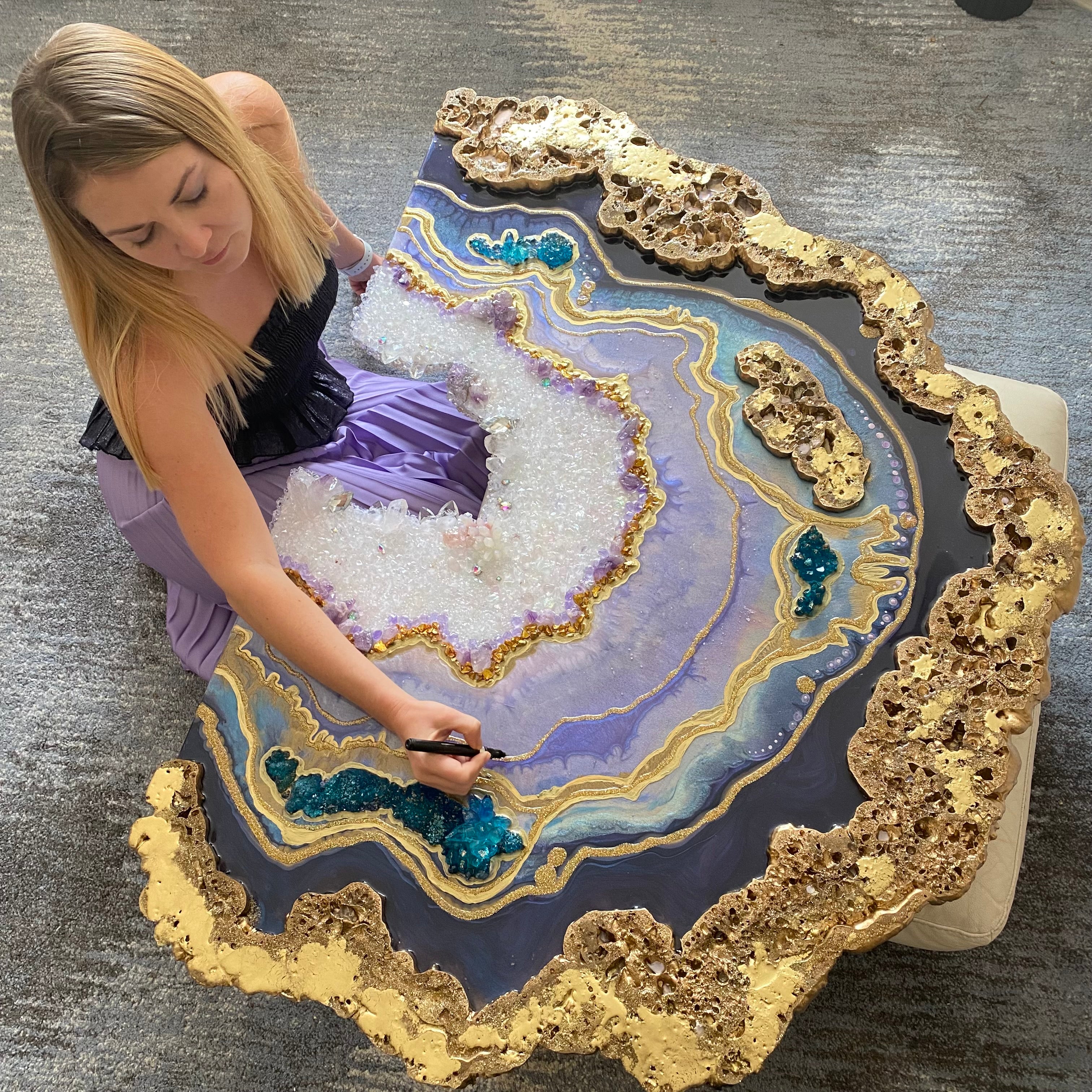Amethyst. Freeform Purple and Gold Geode Gemstone Artwork with Amethysts