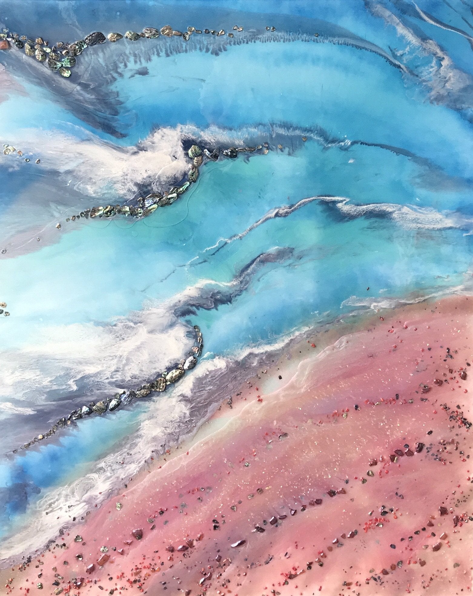 - Azure Coastline. Abstract Ocean. Original Artwork with Abalone Shells and Coral 120x150cm.