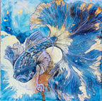 Blue Fish Artwork. Beta Fighter Fish. Abalone shells in Gold