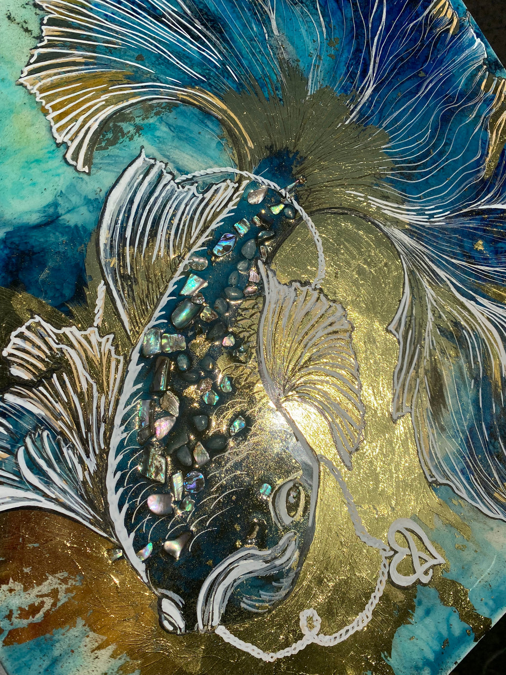Blue Fish Artwork. Beta Fighter Fish. Abalone shells in Gold