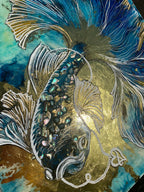 Blue Fish Artwork. Beta Fighter Fish. Abalone shells in Gold