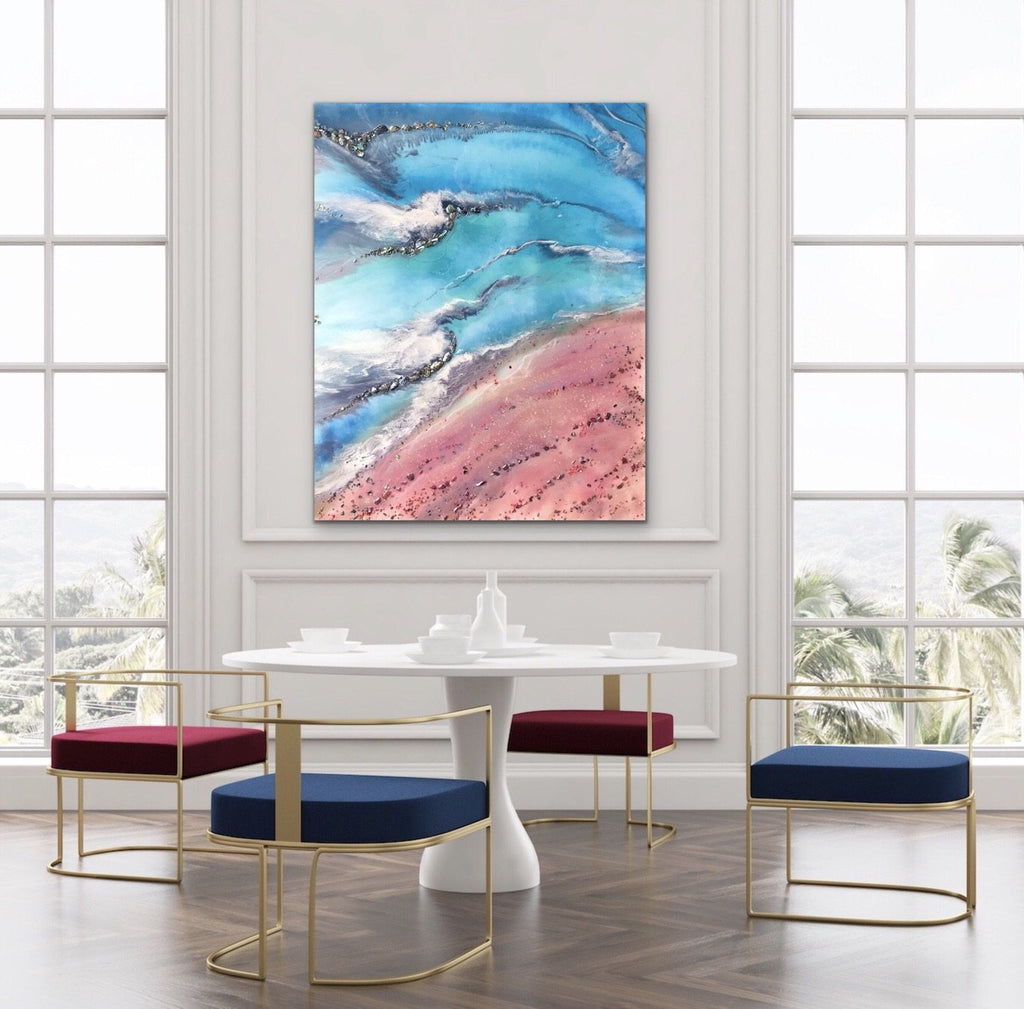 - Azure Coastline. Abstract Ocean. Original Artwork with Abalone Shells and Coral 120x150cm.