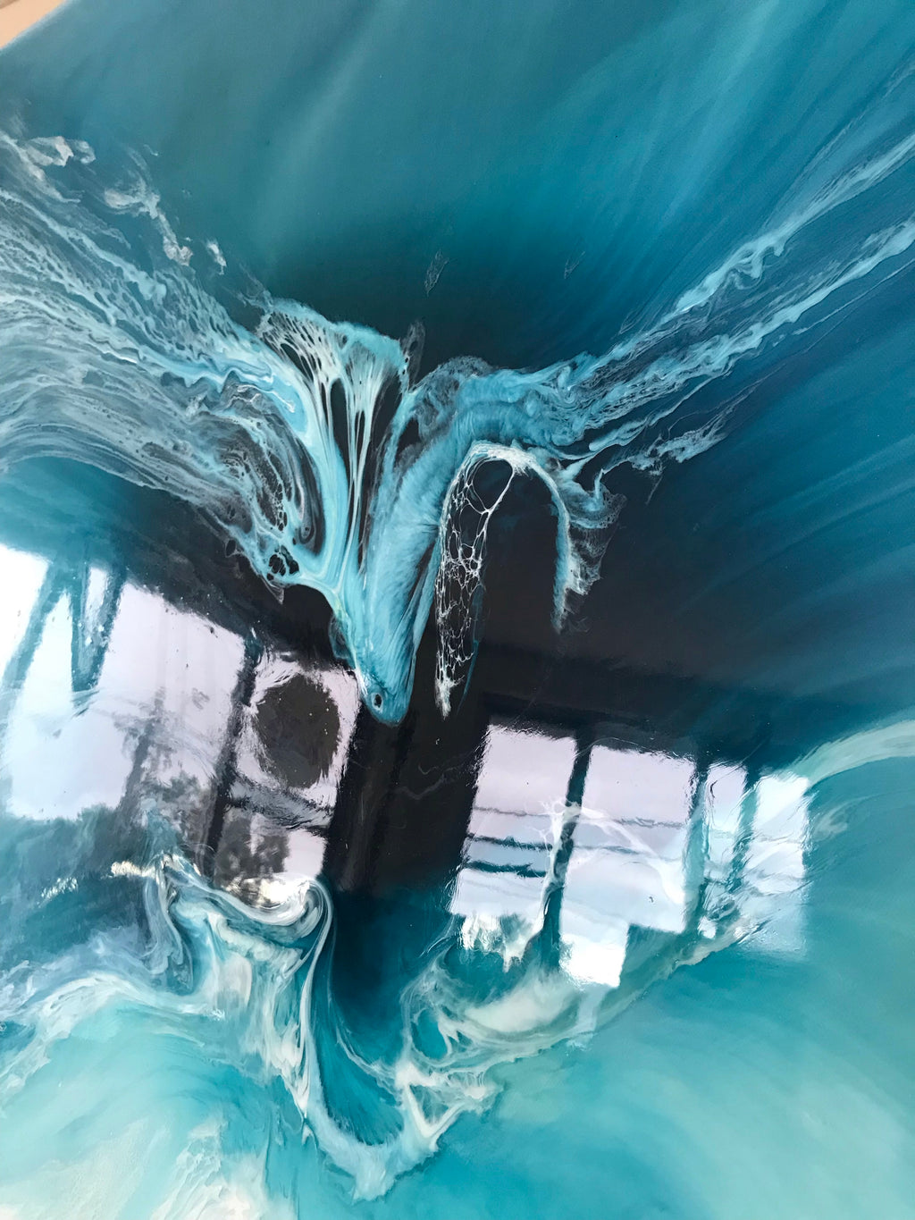 TEAL AND WHITE. Crystal clear. Ocean Original Artwork. Antuanelle 10 Clear. Artwork with Amazonite. 90x90cm