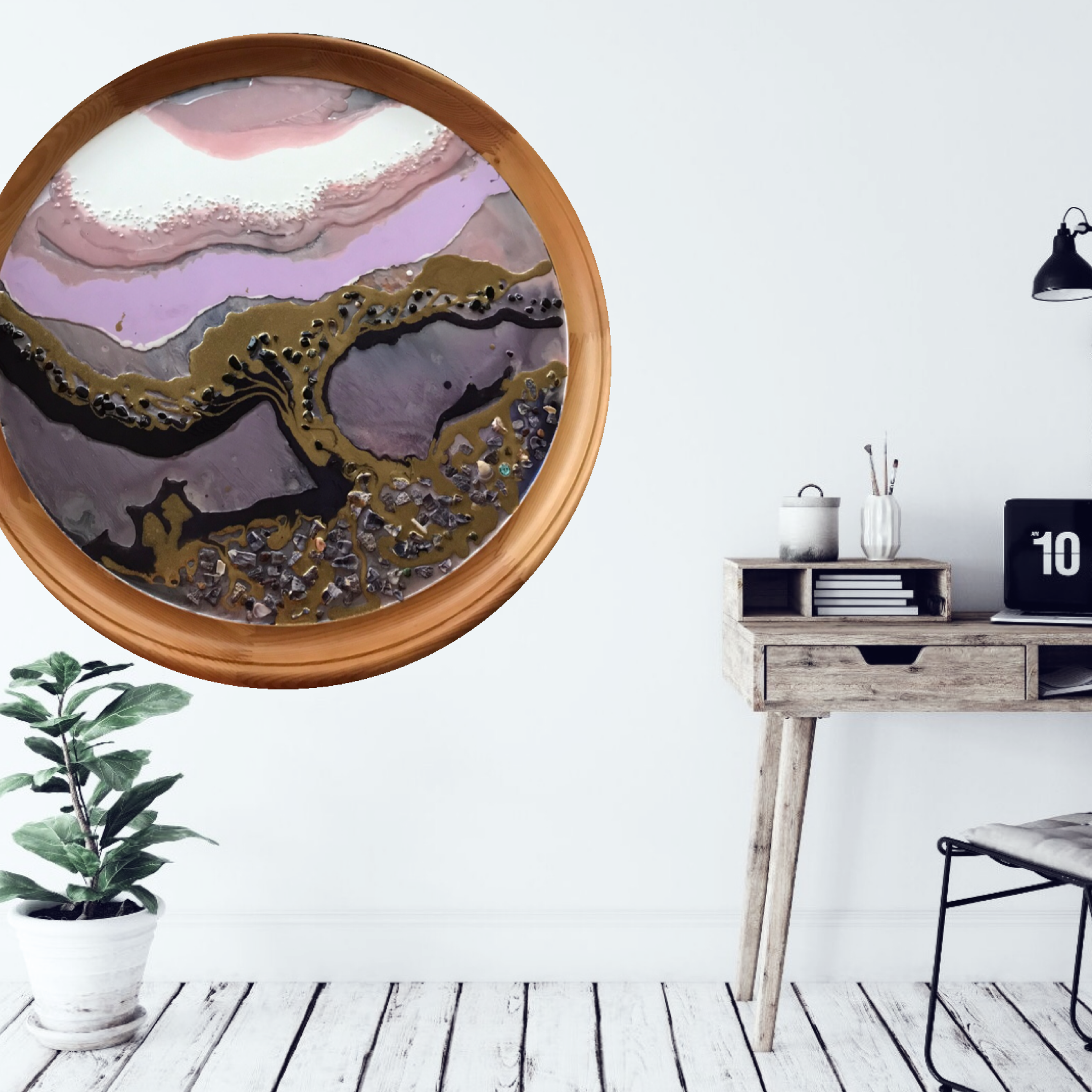 Tree of Life. Round Artwork with Purple Shells and Black Onyx