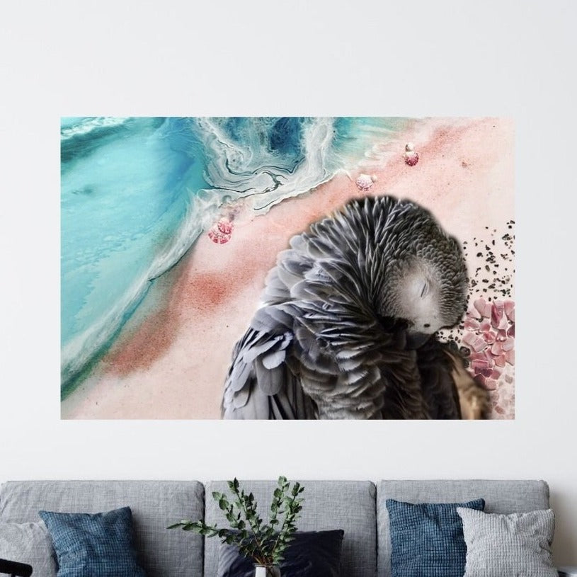 Abstract Artwork. Teal beach. Grey Gallah Parrot. Art print Antuanelle 1 Limited Edition Print