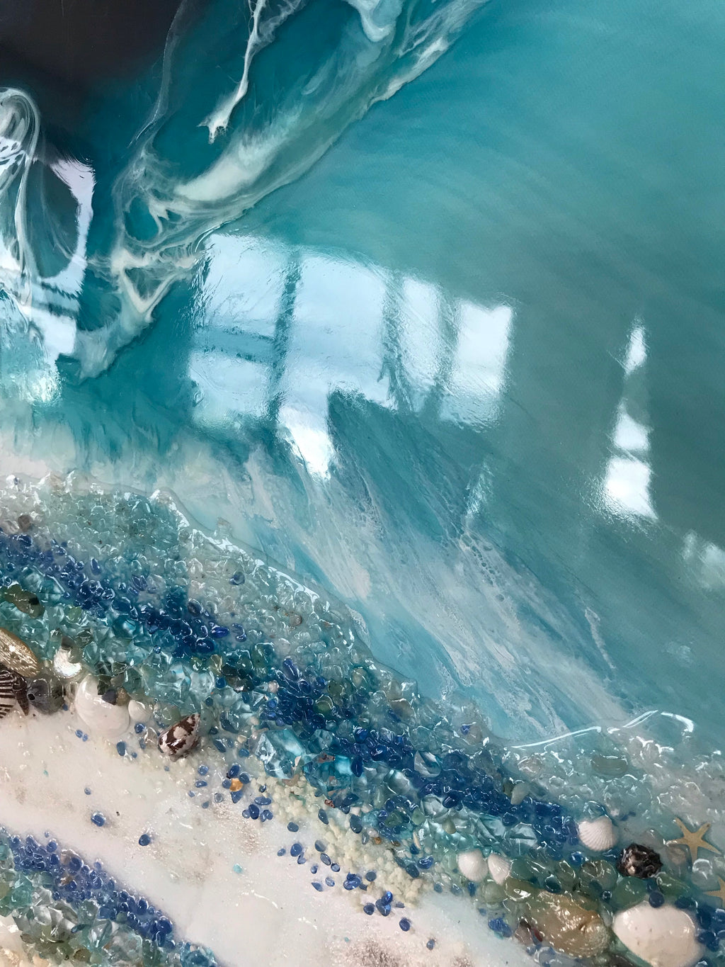 TEAL AND WHITE. Crystal clear. Ocean Original Artwork. Antuanelle 13 Clear. Artwork with Amazonite. 90x90cm