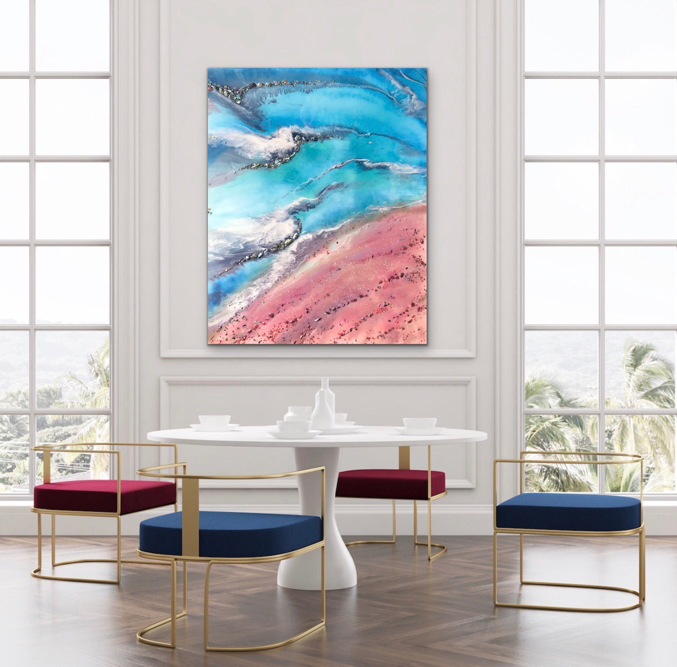 Teal and Pink Ocean Painting. Abstract Seascape Artwork 5 Azure Coastline. Ocean. Original with Abalone Shells Coral 120x150cm.