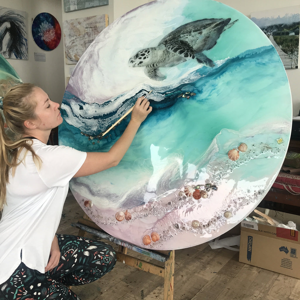 Turtle Teal Blue artwork. Abstract Coastal Artwork. Antuanelle 3 Bounty 2.0. Australian Seascape. Round