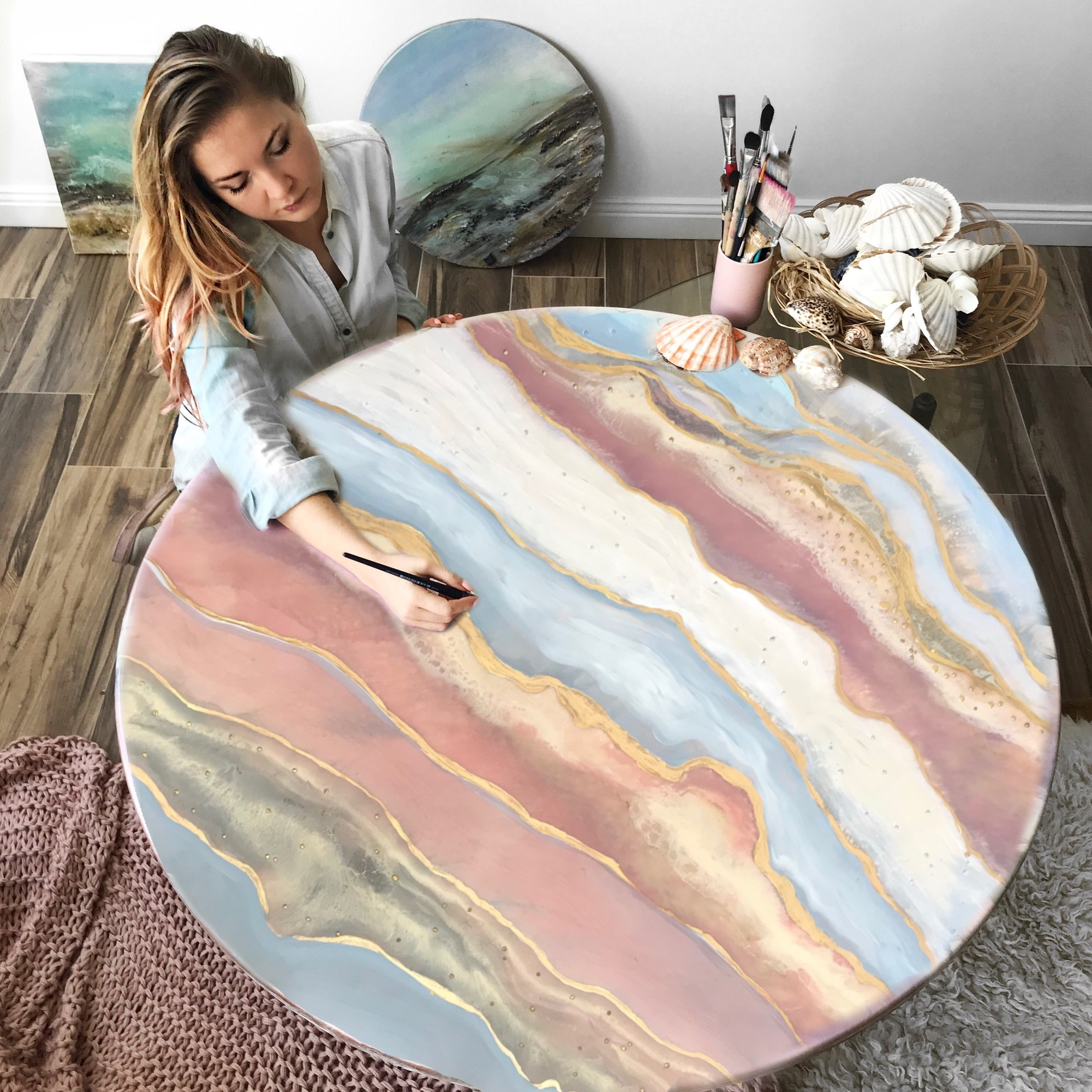 Ocean Resin Art - Abstract Seascape - Teal Blue Wave Beach - Print - Pink Abstract. Blissful Blush. Original Artwork - Antuanelle - 1 Blush 