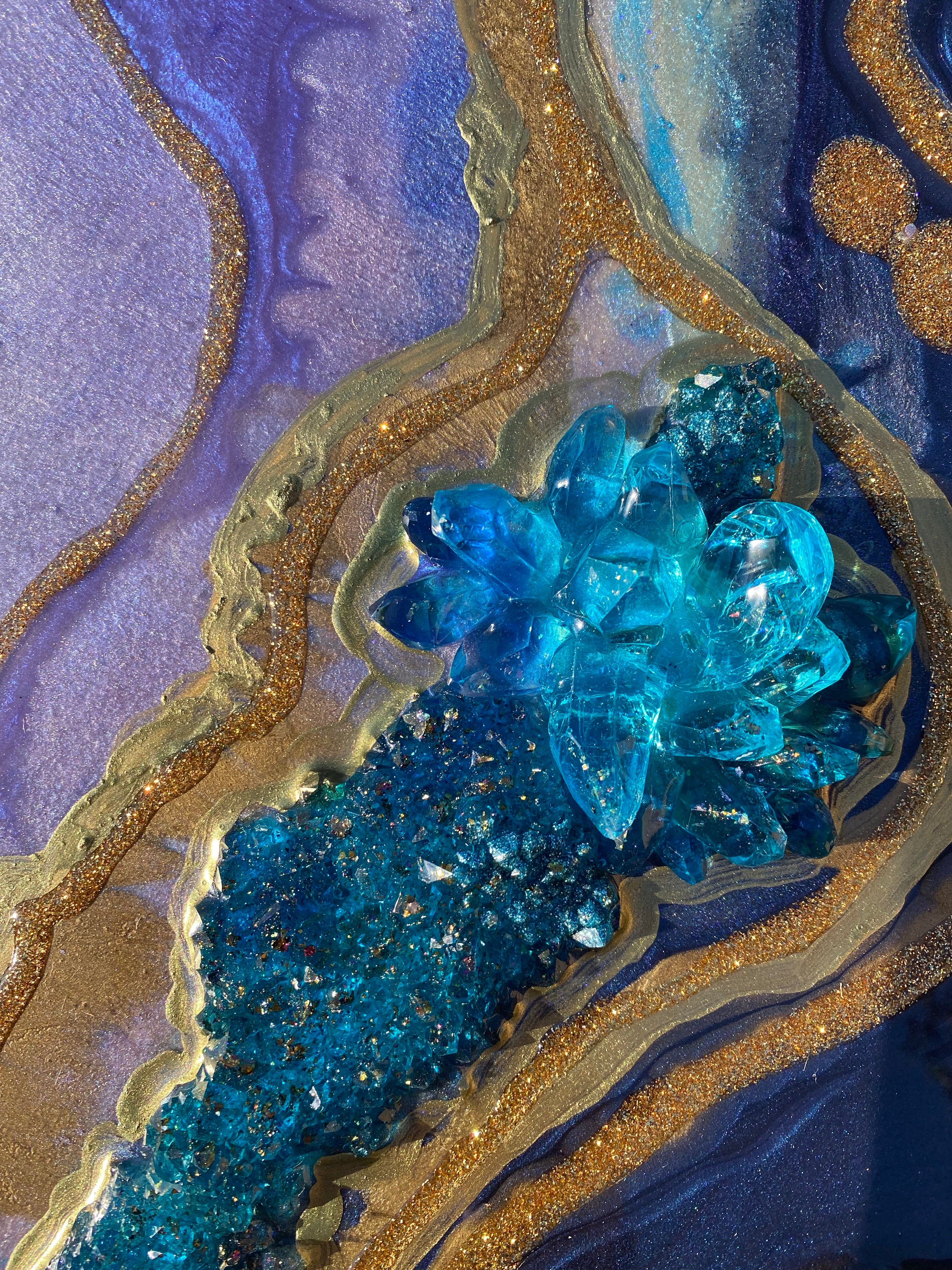 Amethyst Geode. Freeform Purple and Gold Geode Gemstone Artwork with Amethysts