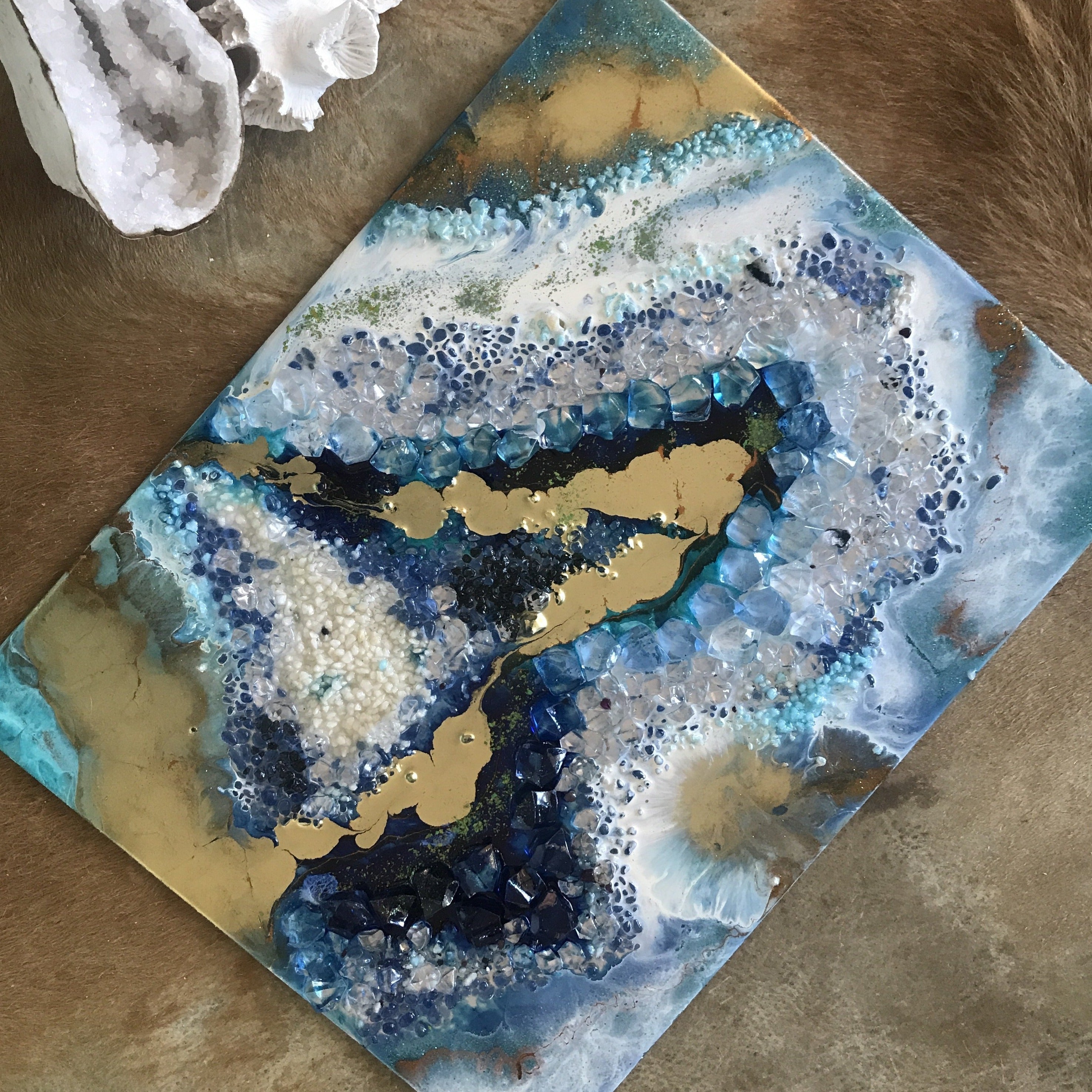 Custom Made. Teal and Copper Geode. Blue Gold Geode Resin Artwork. Antuanelle. 1 Aquamarine Sky-Blue Crystal. Original COMMISSION. Artwork