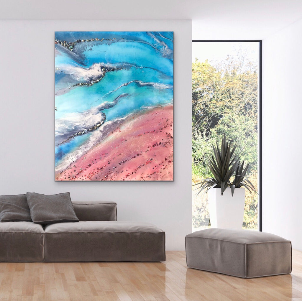 Teal and Pink Ocean Painting. Abstract Seascape  Artwork 3 Azure Coastline. Ocean. Original with Abalone Shells Coral 120x150cm.