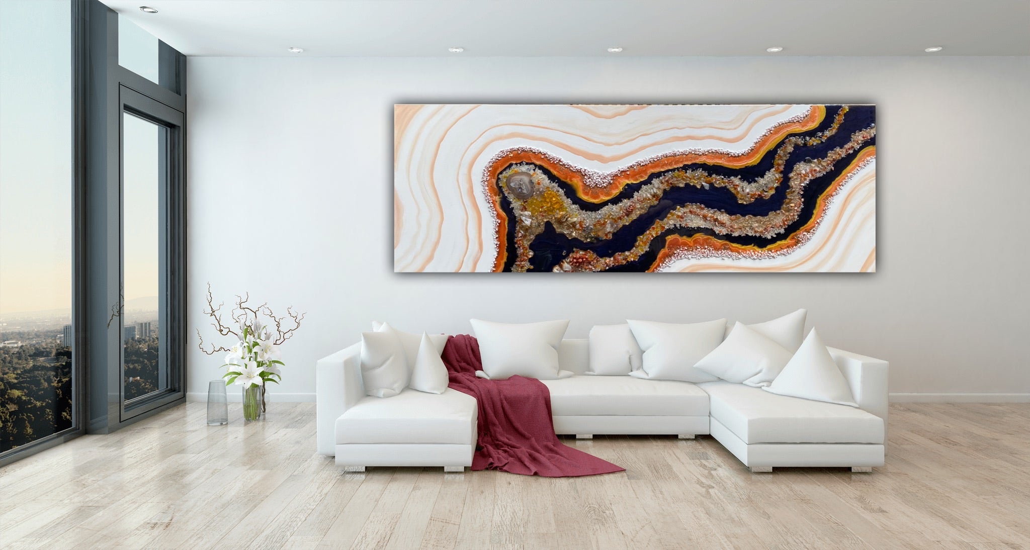 Golden Citrine. Copper and Navy Geode Gemstone Artwork with natural Citrine 150x75cm