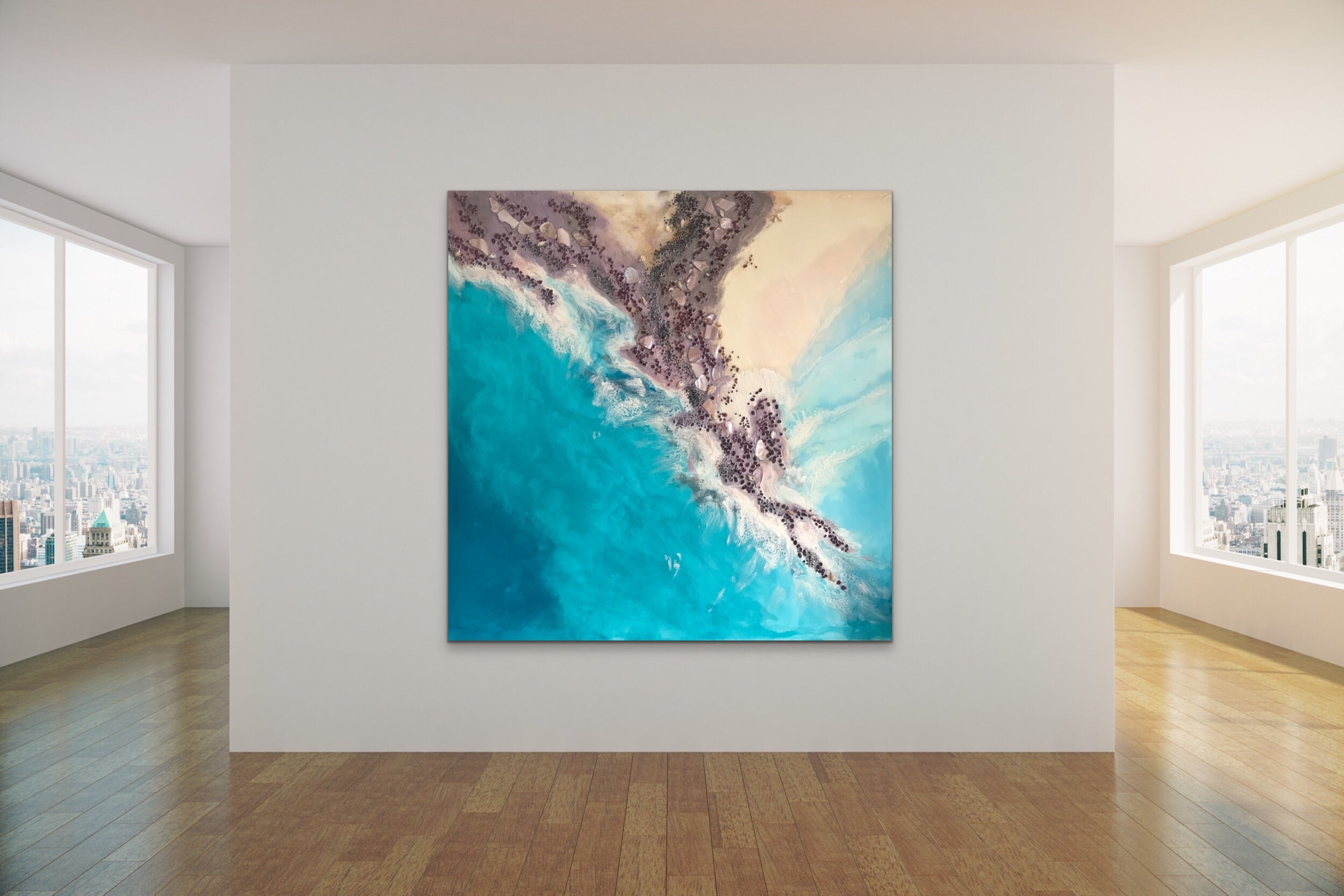 Teal Blue Ocean Wave. Byron Bay Magic. Original Artwork. Antuanelle 3 Magic with Mussels and Garnet. Abstract Seascape 90x90cm