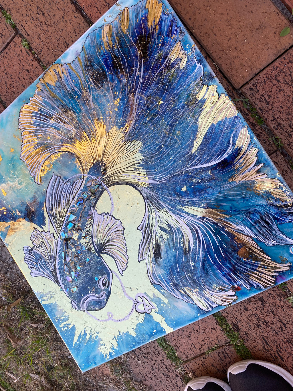 Blue Fish Artwork. Beta Fighter Fish. Abalone shells in Gold