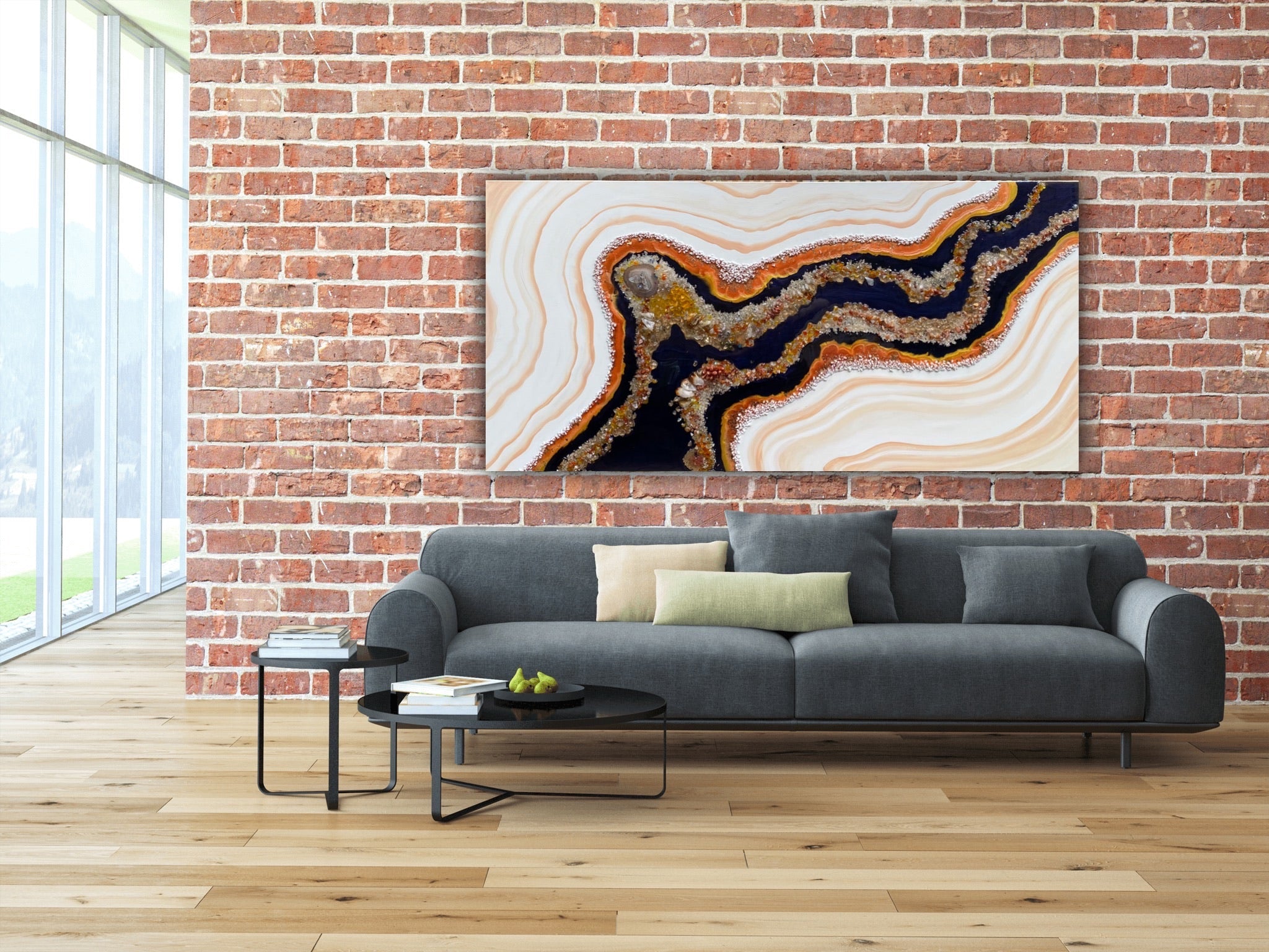 Golden Citrine. Copper and Navy Geode Gemstone Artwork with natural Citrine 150x75cm