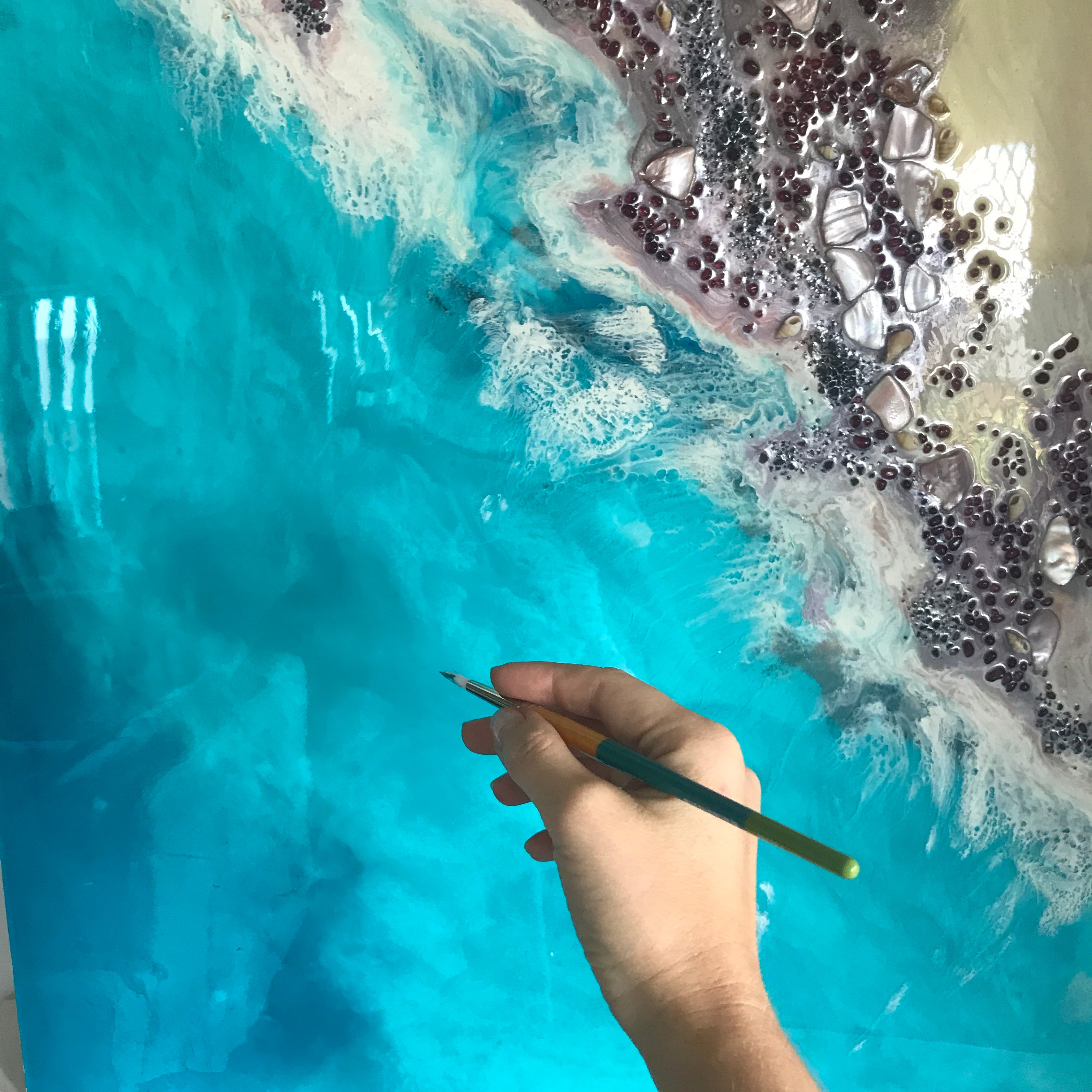 Teal Blue Ocean Wave. Byron Bay Magic. Original Artwork. Antuanelle 4 Magic with Mussels and Garnet. Abstract Seascape 90x90cm