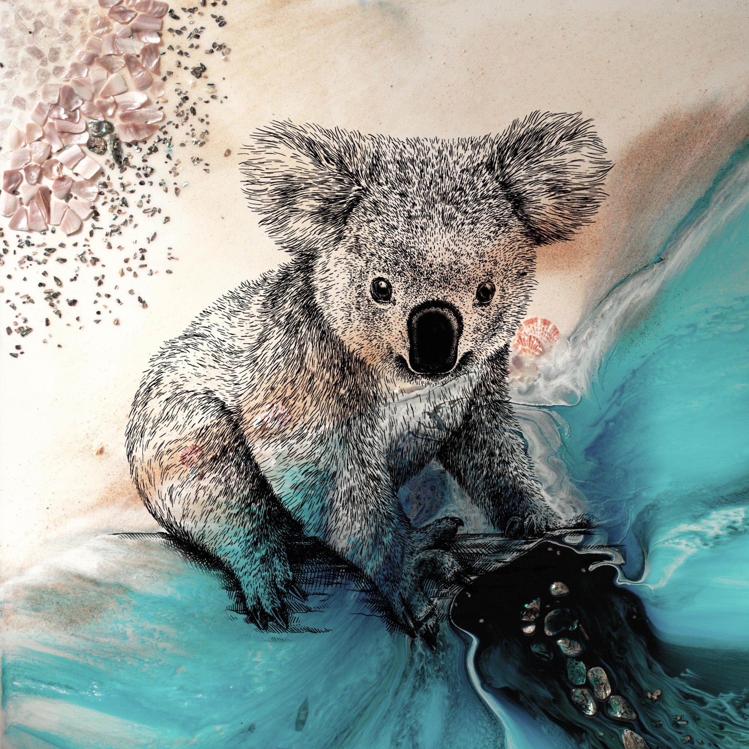 Abstract Ocean. Blue beach with Koala. Art Print. Antuanelle 1 Print for WWF Koala Conservation. Limited Edition