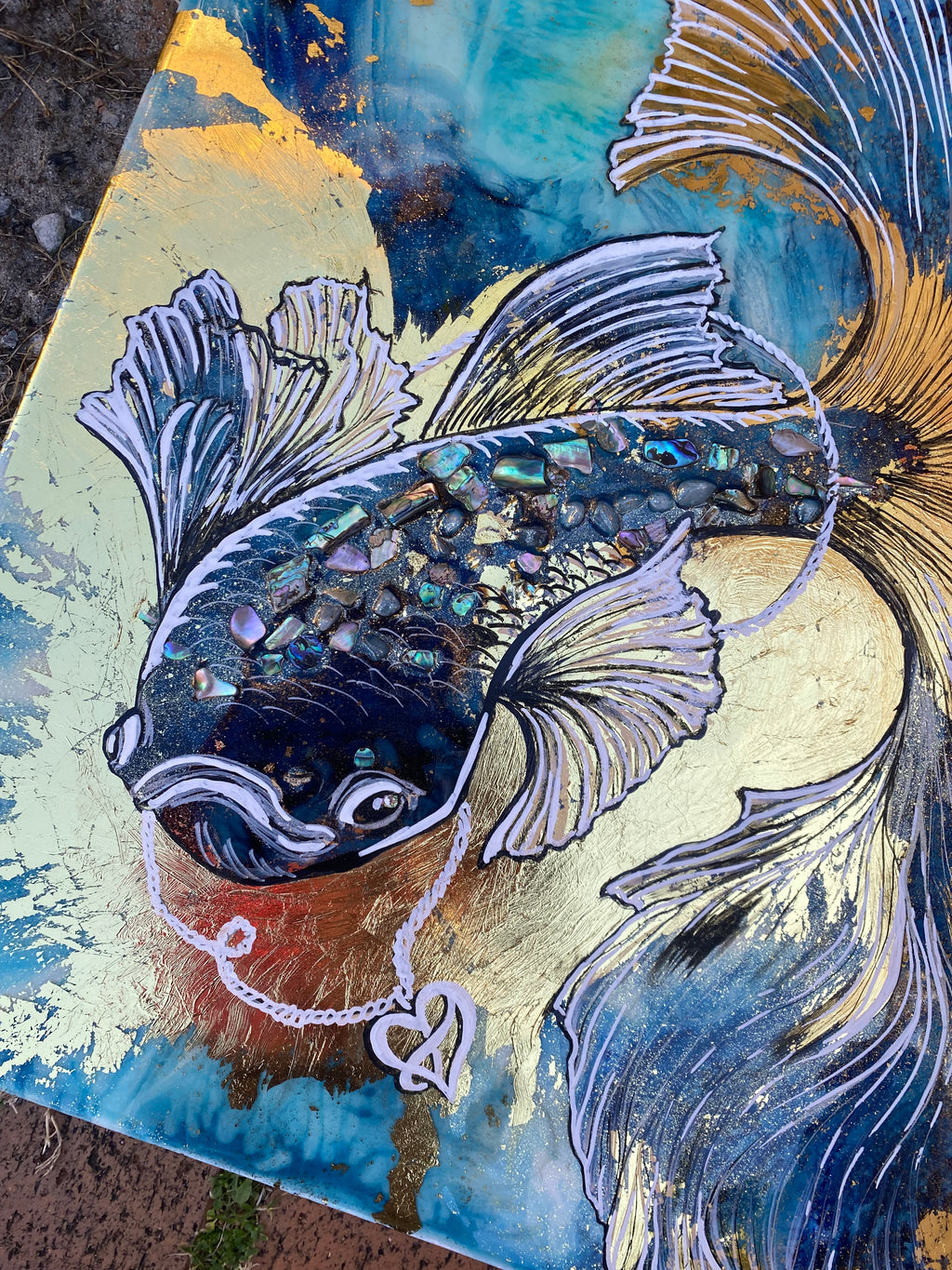 Blue Fish Artwork. Beta Fighter Fish. Abalone shells in Gold