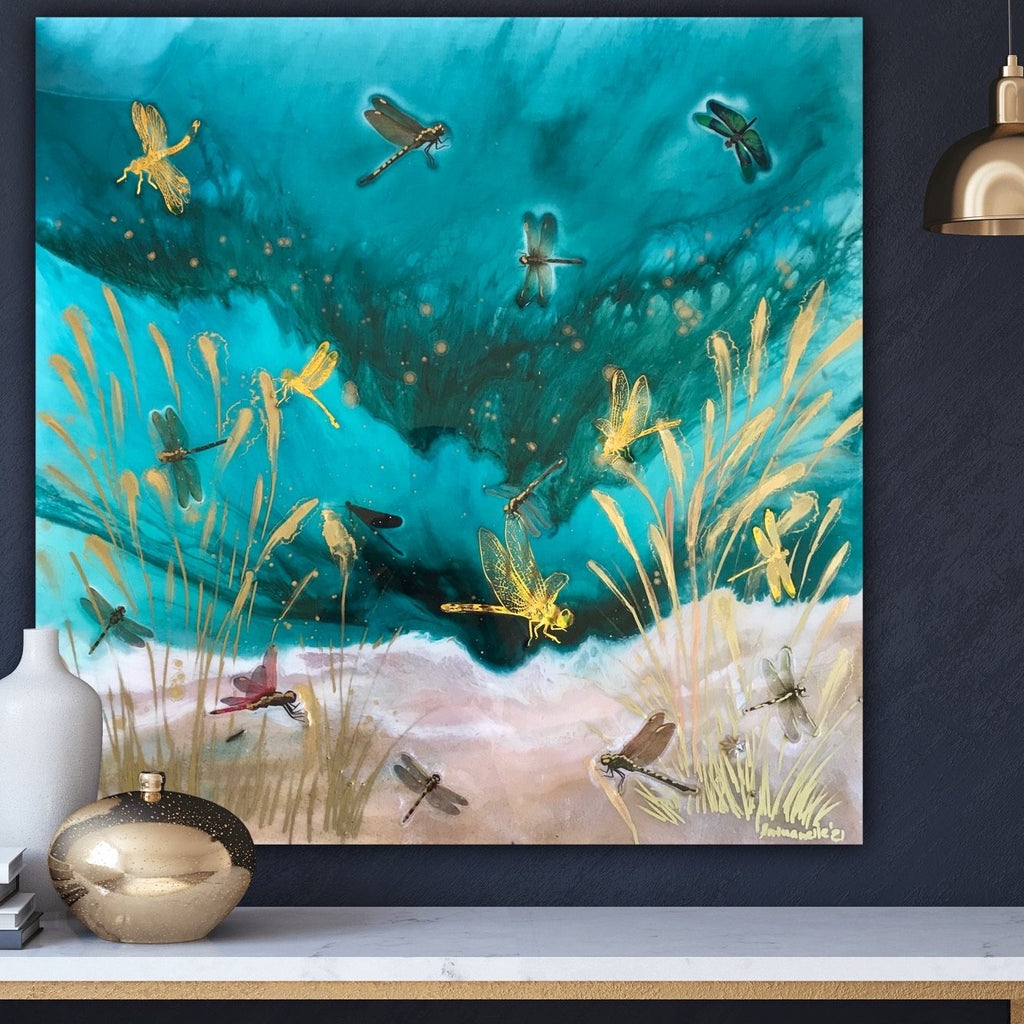 Gold Dragonflies Teal Seascape. Dragonflies in Golden light.Original Artwork