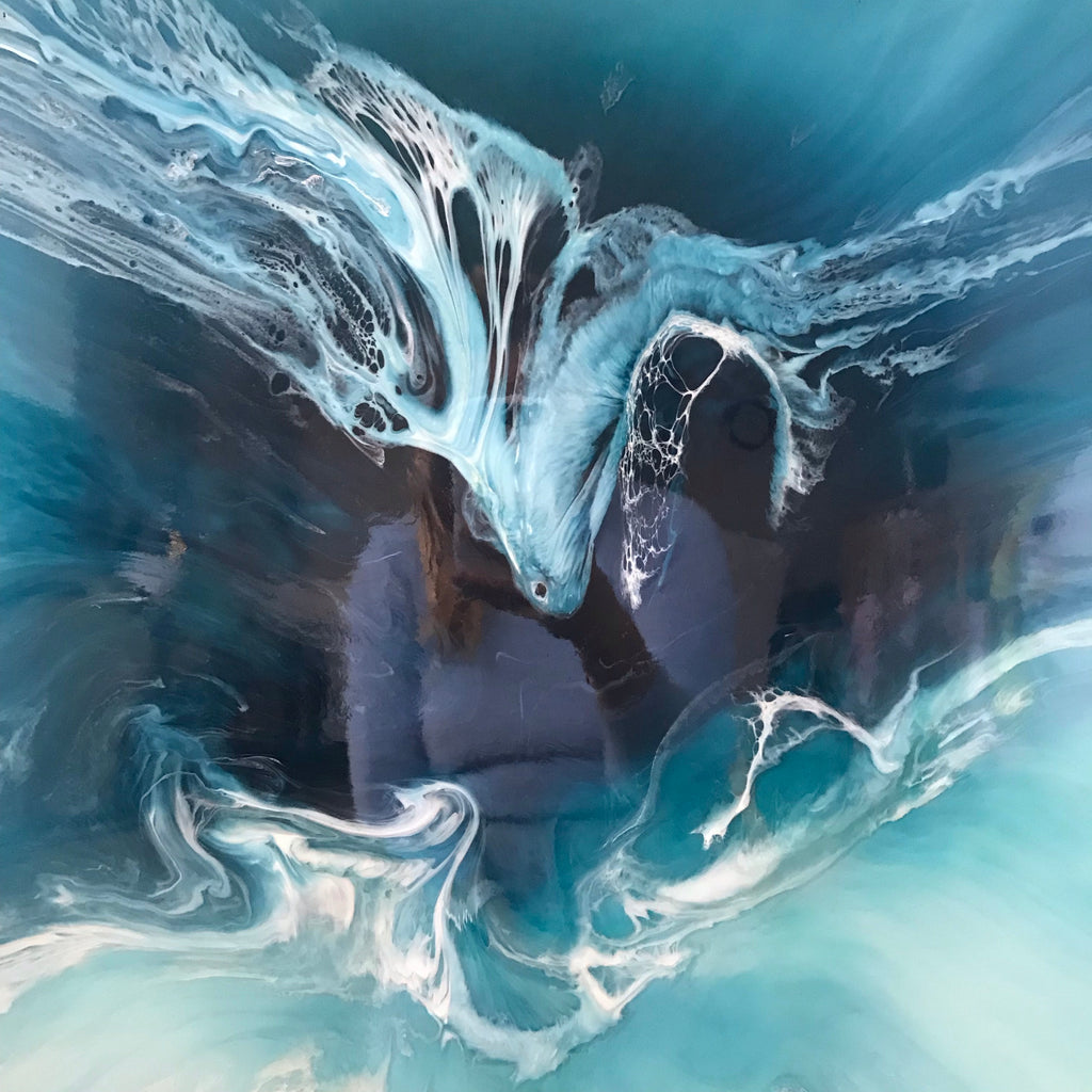 TEAL AND WHITE. Crystal clear. Ocean Original Artwork. Antuanelle 11 Clear. Artwork with Amazonite. 90x90cm