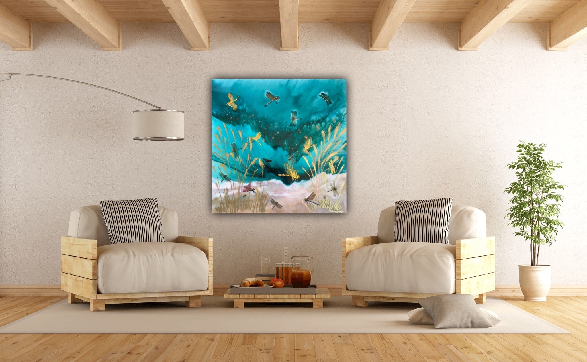 Gold Dragonflies Teal Seascape. Dragonflies in Golden light.Original Artwork