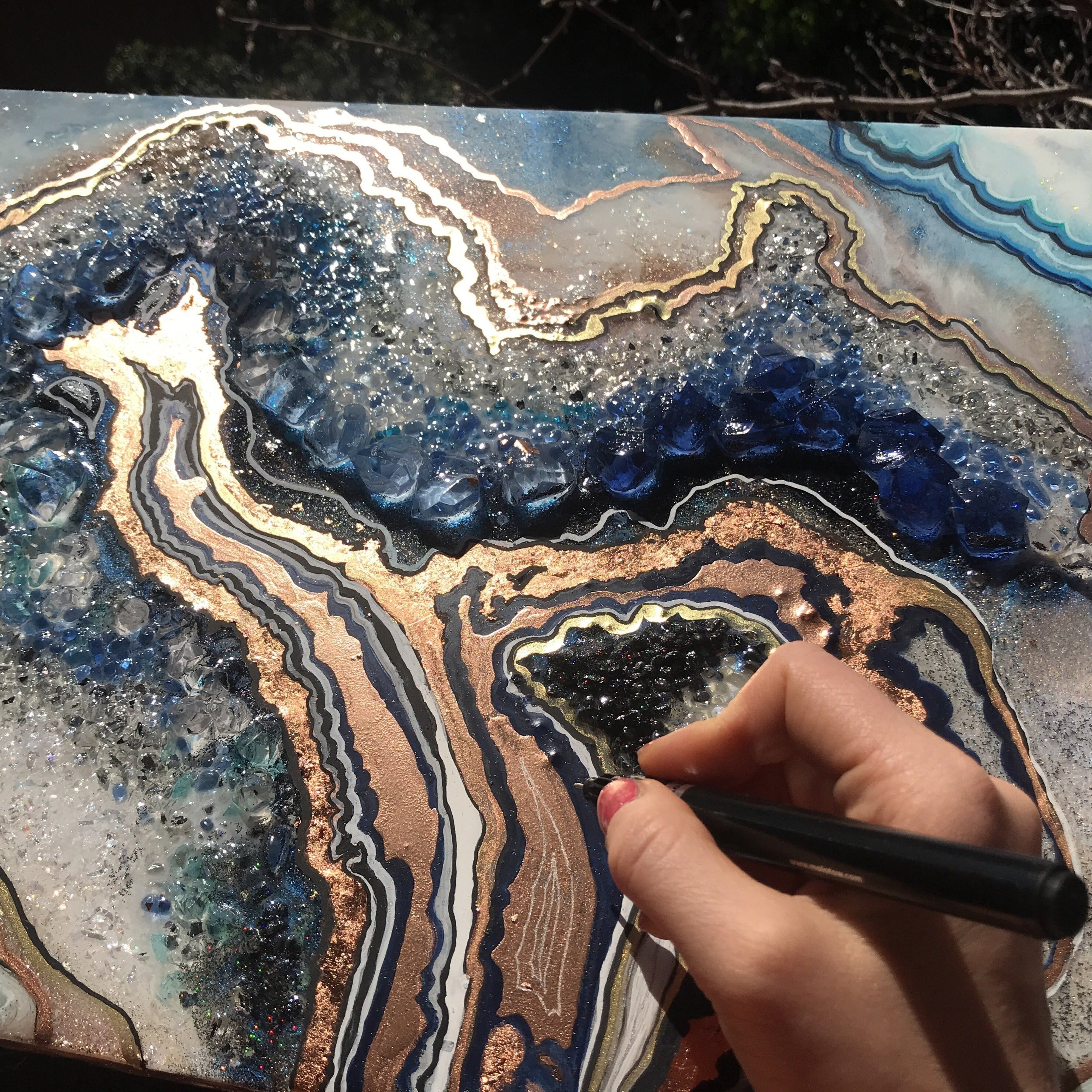 Original Artwork. Blue and Gold Crystal. Amazonite Geode. Antuanelle. 2 COMMISSION - Custom Artwork