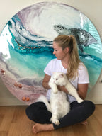 Turtle Teal Blue artwork. Abstract Coastal Artwork. Antuanelle 5 Bounty 2.0. Australian Seascape. Round