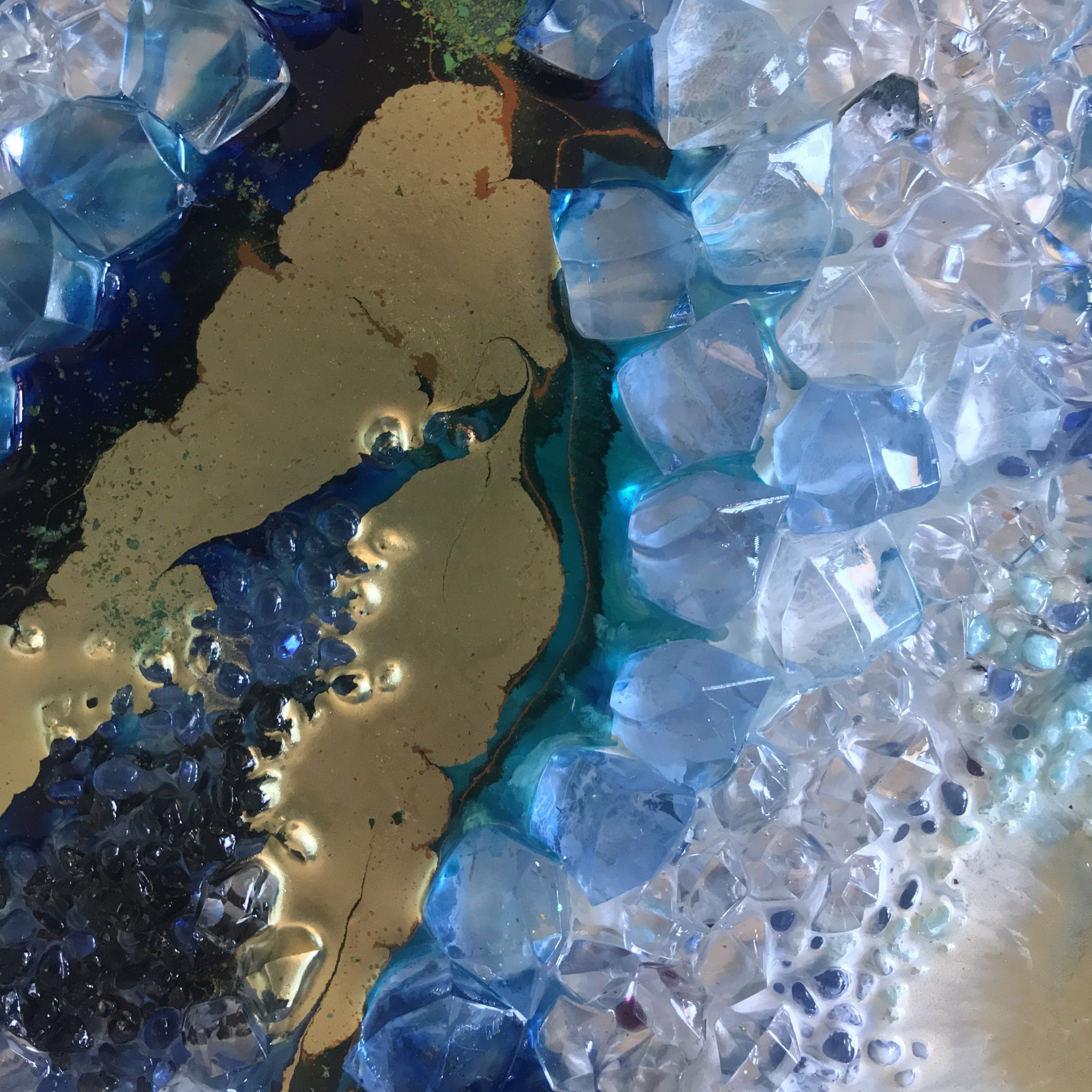 Custom Made. Teal and Copper Geode. Blue Gold Geode Resin Artwork. Antuanelle. 6 Aquamarine Sky-Blue Crystal. Original COMMISSION. Artwork