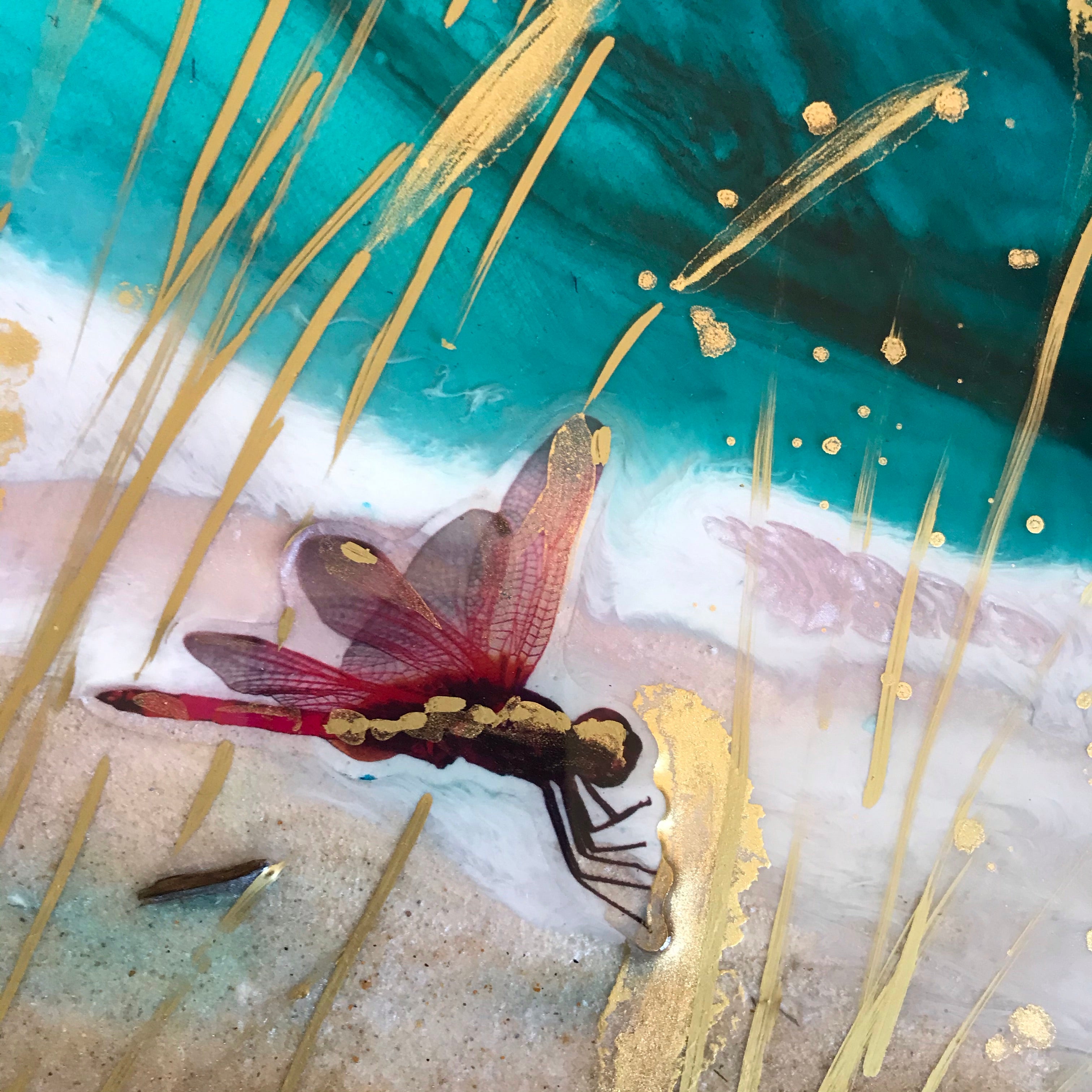 Gold Dragonflies Teal Seascape. Dragonflies in Golden light.Original Artwork