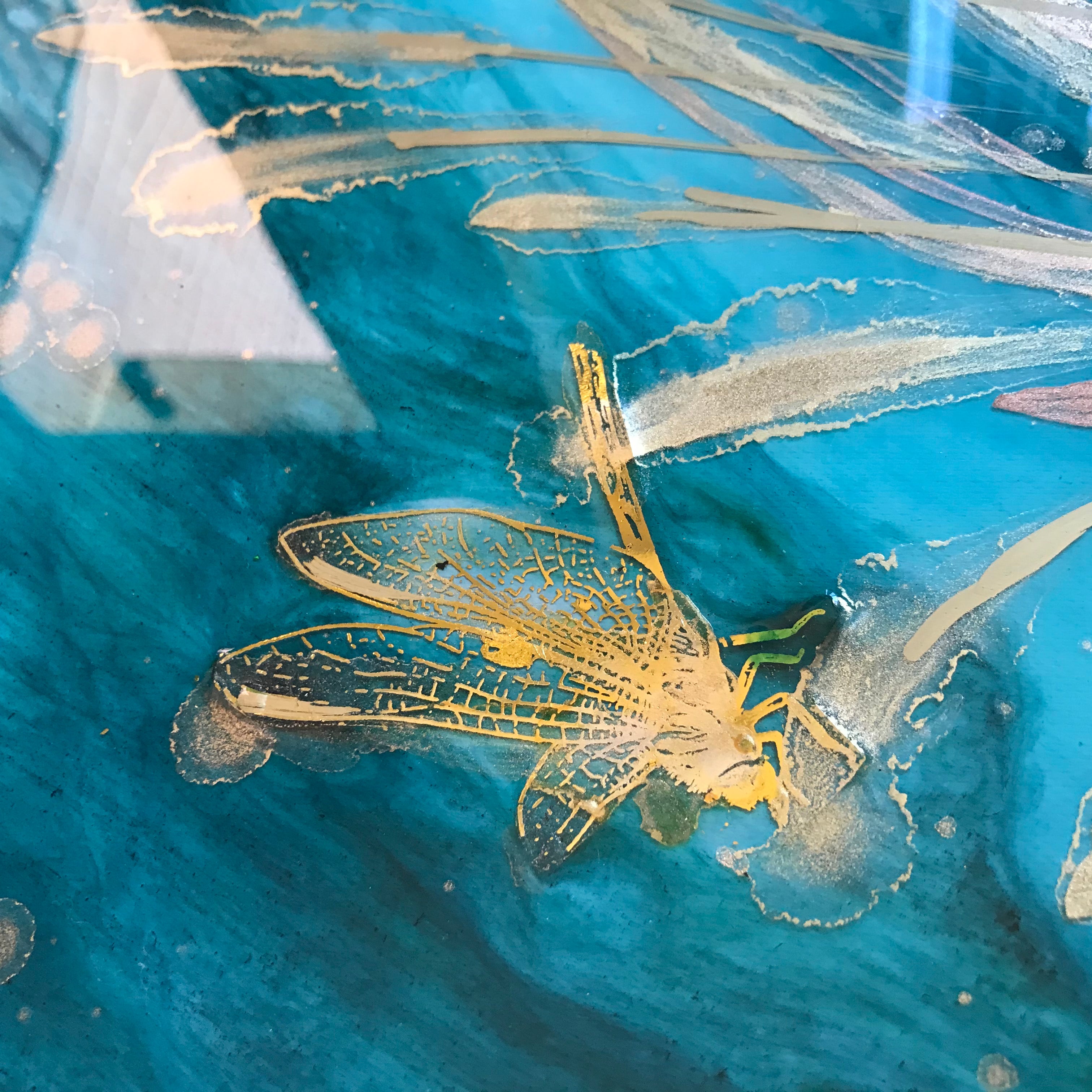 Gold Dragonflies Teal Seascape. Dragonflies in Golden light.Original Artwork