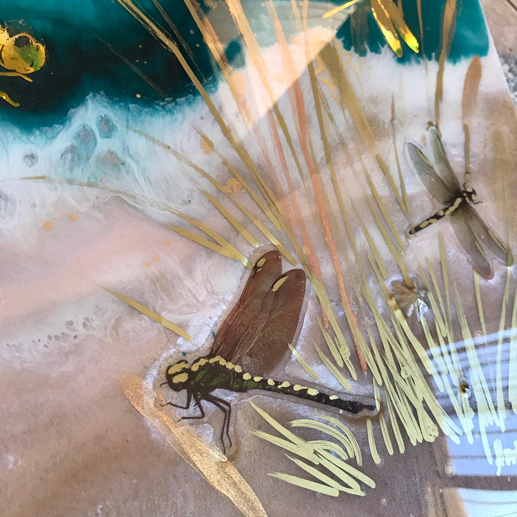 Gold Dragonflies Teal Seascape. Dragonflies in Golden light.Original Artwork
