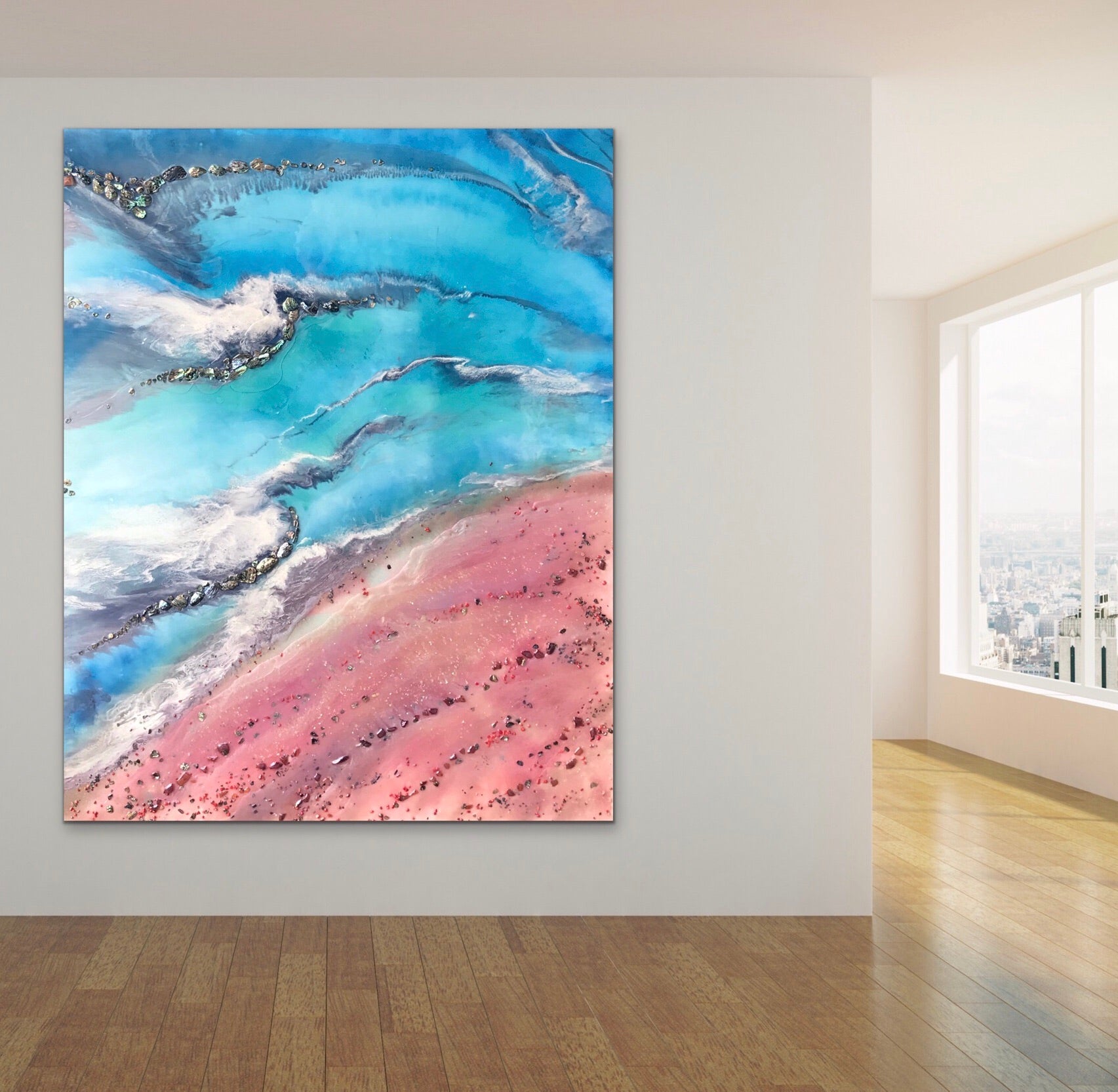Teal and Pink Ocean Painting. Abstract Seascape Resin Artwork 7 Azure Coastline. Ocean. Original with Abalone Shells Coral 120x150cm.