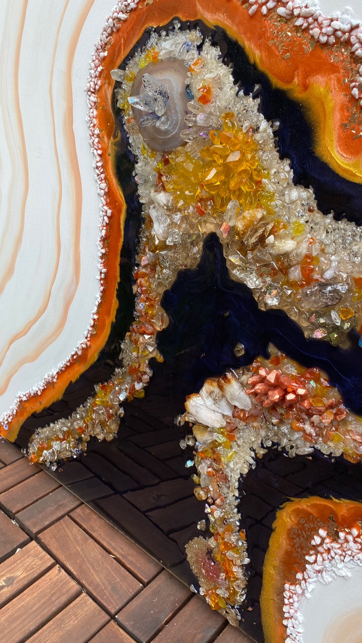 Golden Citrine. Copper and Navy Geode Gemstone Artwork with natural Citrine 150x75cm