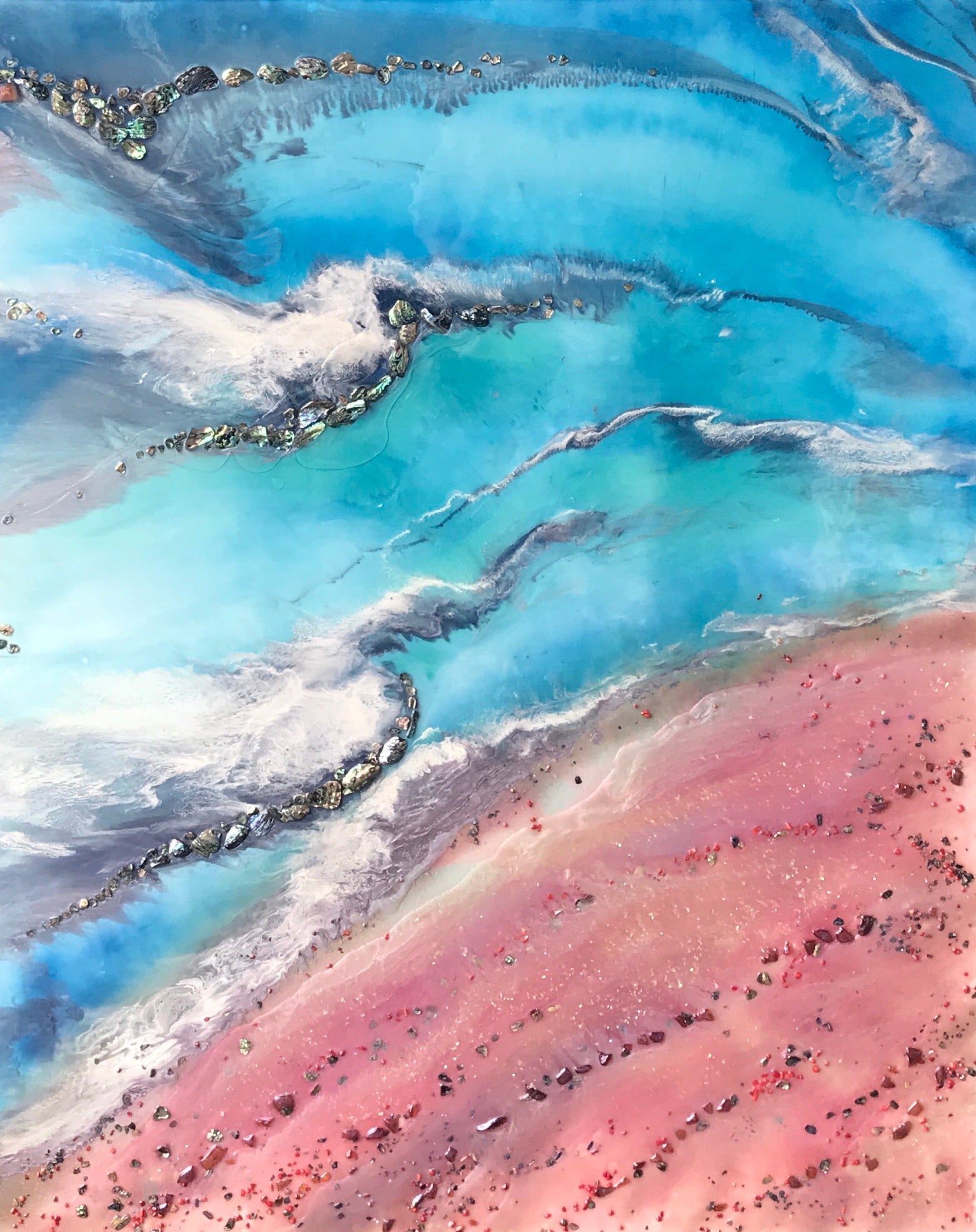 Teal and Pink Ocean Painting. Abstract Seascape Resin Artwork 2 Azure Coastline. Ocean. Original with Abalone Shells Coral 120x150cm.