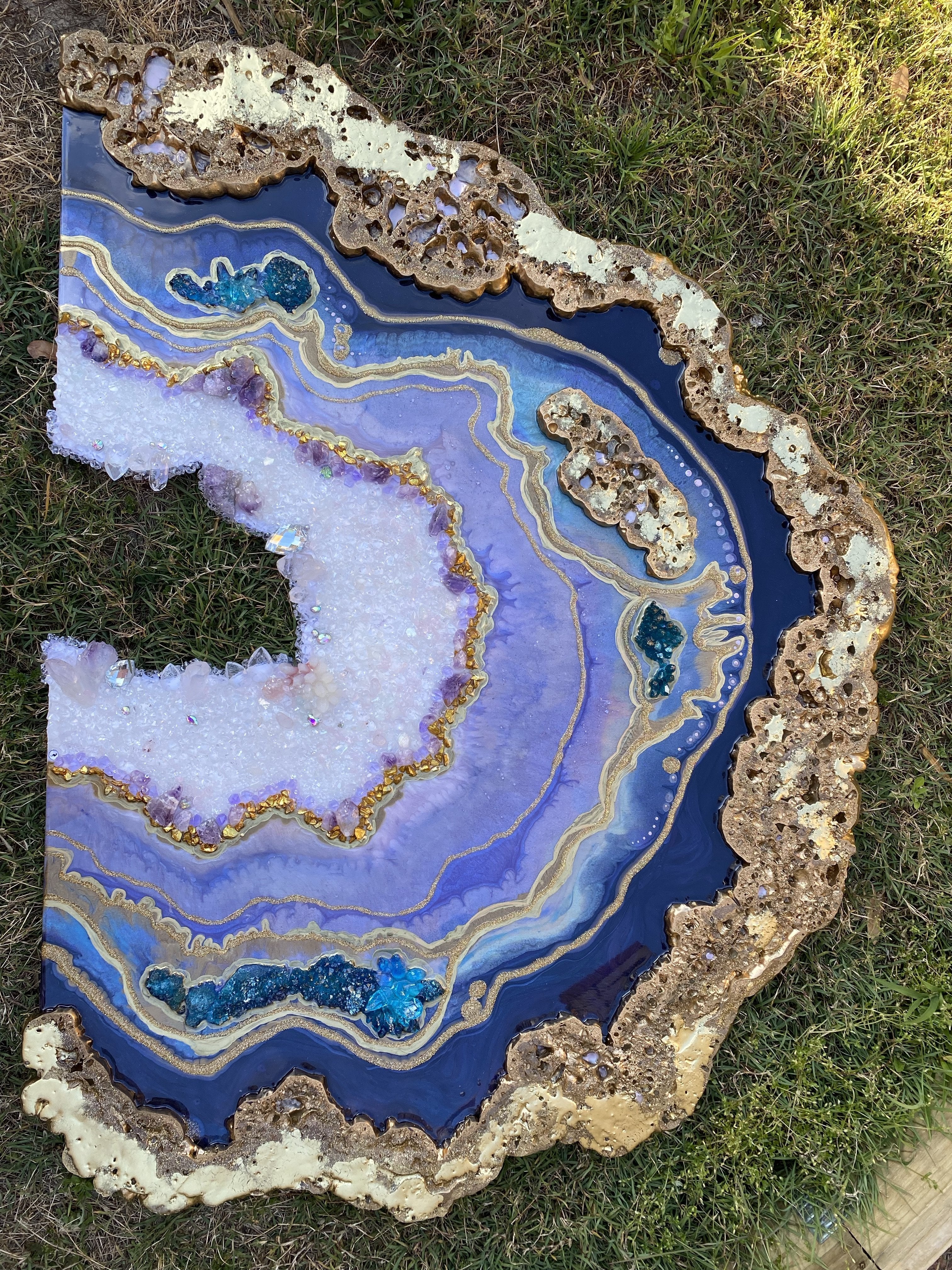 Amethyst Geode. Freeform Purple and Gold Peace Artwork with Amethysts