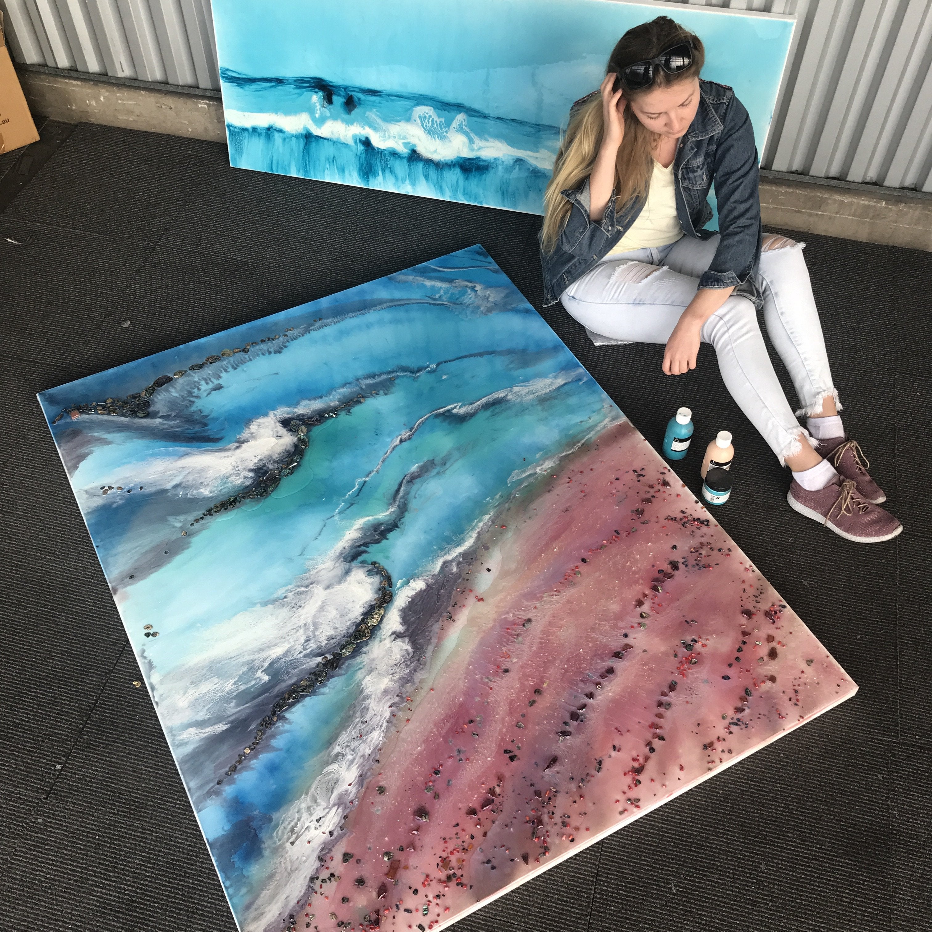 - Azure Coastline. Abstract Ocean. Original Artwork with Abalone Shells and Coral 120x150cm.