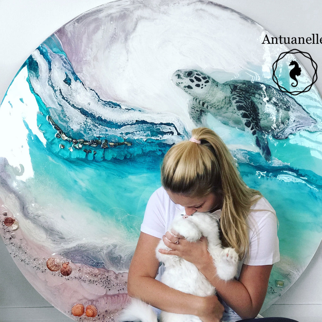 Custom Made. Turtle Ocean Artwork. Antuanelle 1 Bounty 2.0 Abalone Shell. Australian Seascape. Round COMMISSION.