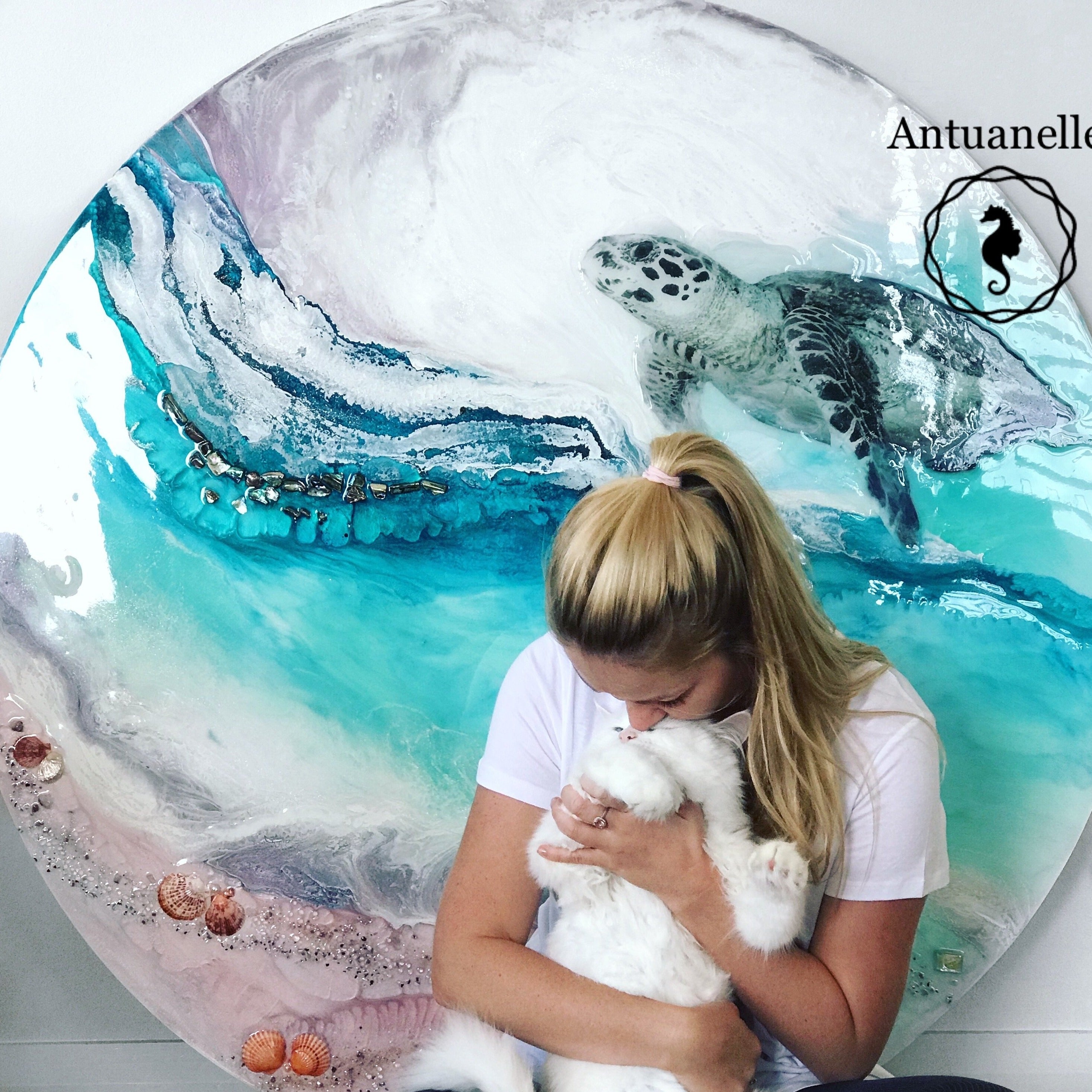 Custom Made. Turtle Ocean Artwork. Antuanelle 1 Bounty 2.0 Abalone Shell. Australian Seascape. Round COMMISSION.