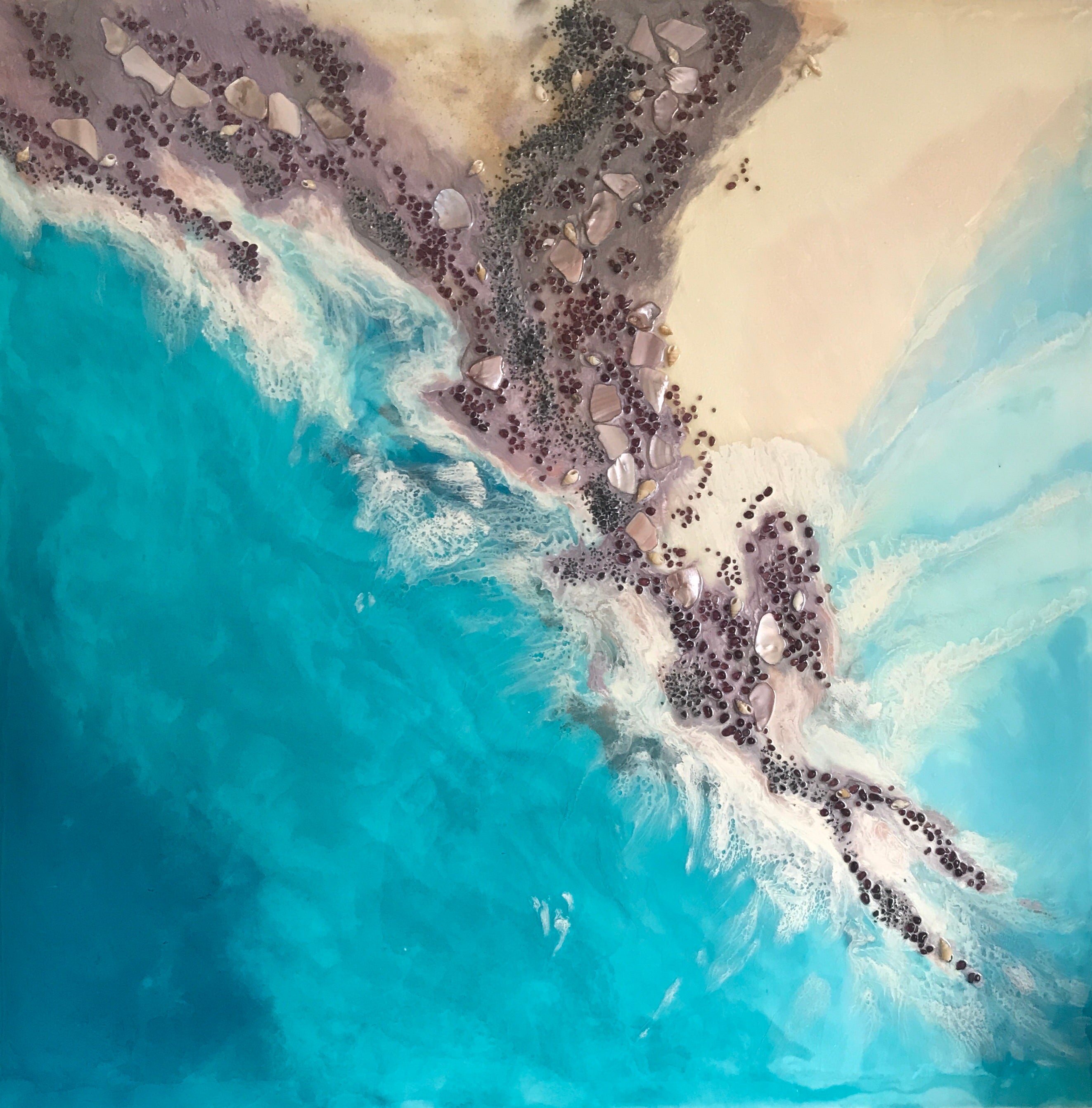 Teal Blue Ocean Wave. Byron Bay Magic. Original Artwork. Antuanelle 2 Magic with Mussels and Garnet. Abstract Seascape 90x90cm