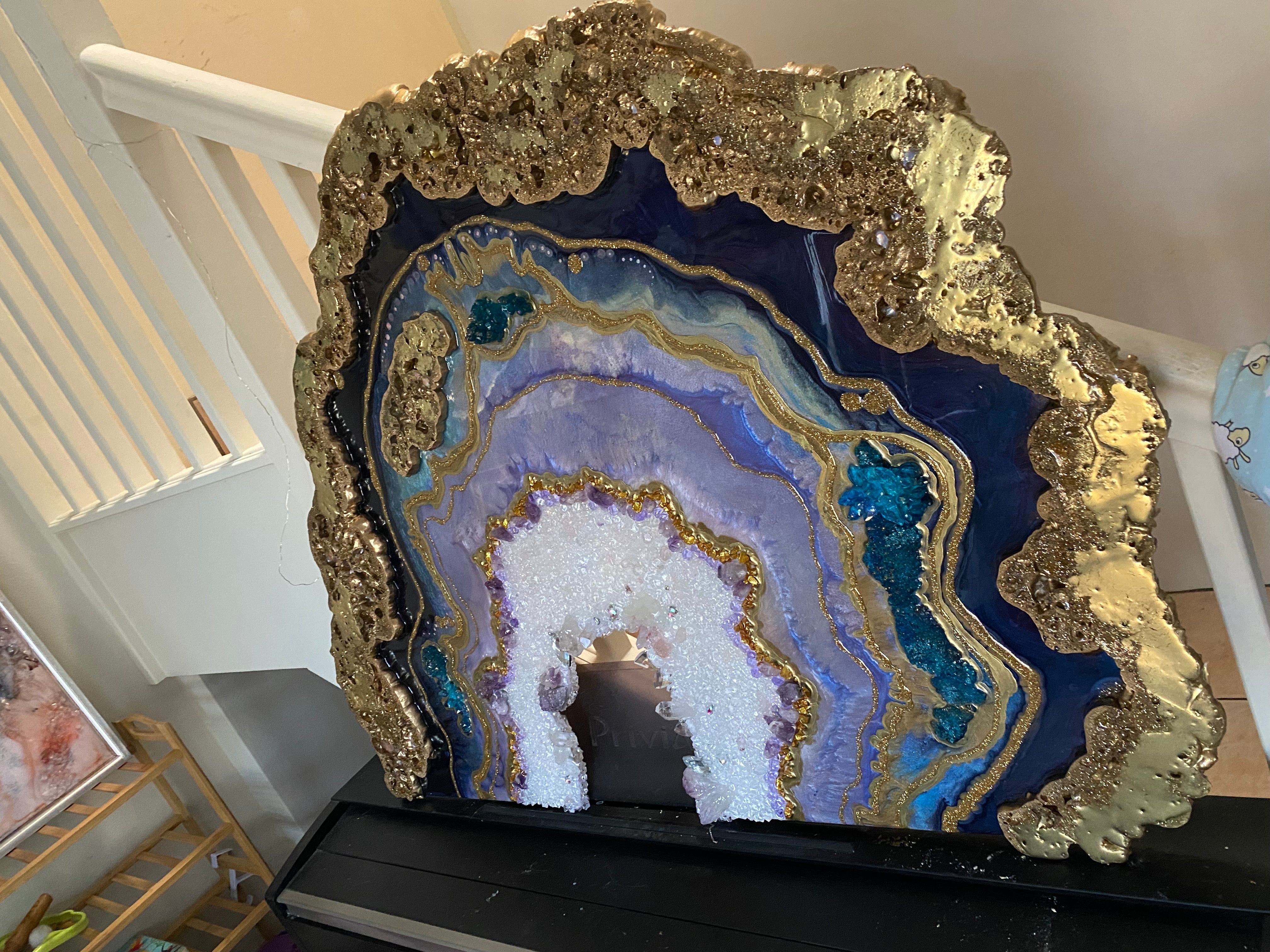 Amethyst Geode. Freeform Purple and Gold Geode Gemstone Artwork with Amethysts