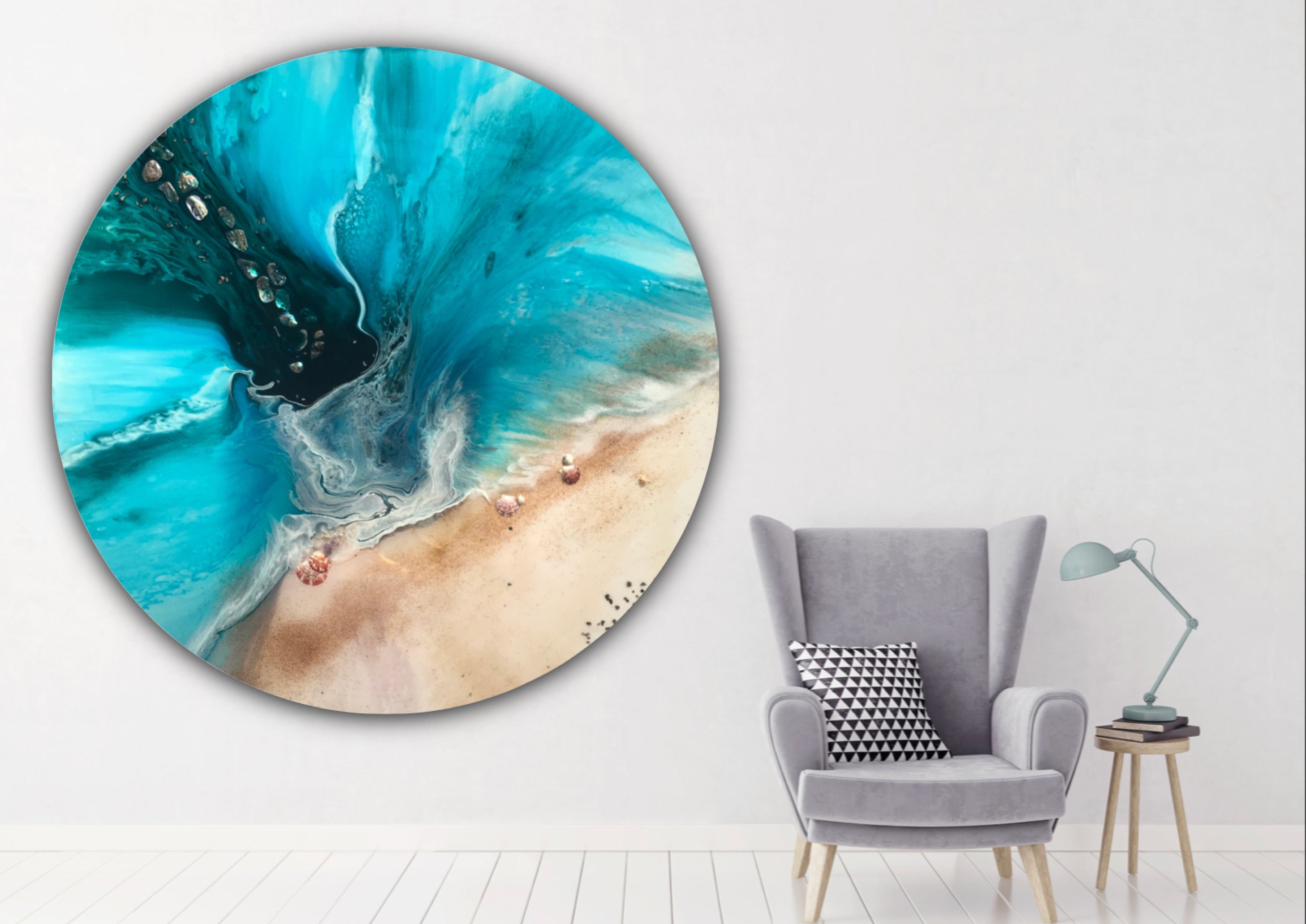 Abstract Seascape. Teal Ocean Round. Rise Above. Art Print. Antuanelle 2 Above Portal Round Contemporary Beach Artwork. Perspex Print