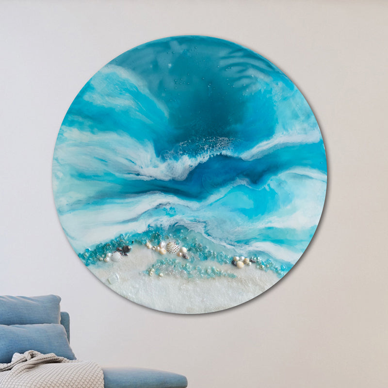 Round Abstract Sea. Teal and Blue. Whitsundays. Art Print. Antuanelle 1 Acrylic Beach Artwork. Perspex Print