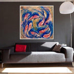 Gold blue and red Artwork. Abstract Koi Fish. Double Luck Antuanelle 3 Chinese Original Artwork