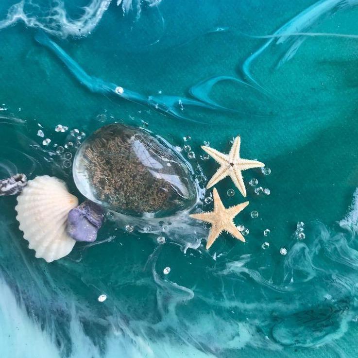 4 Tropical Bounty. Abstract Ocean. Original Artwork with Pearls Rose Quartz and Moon Stone. COMMISSION