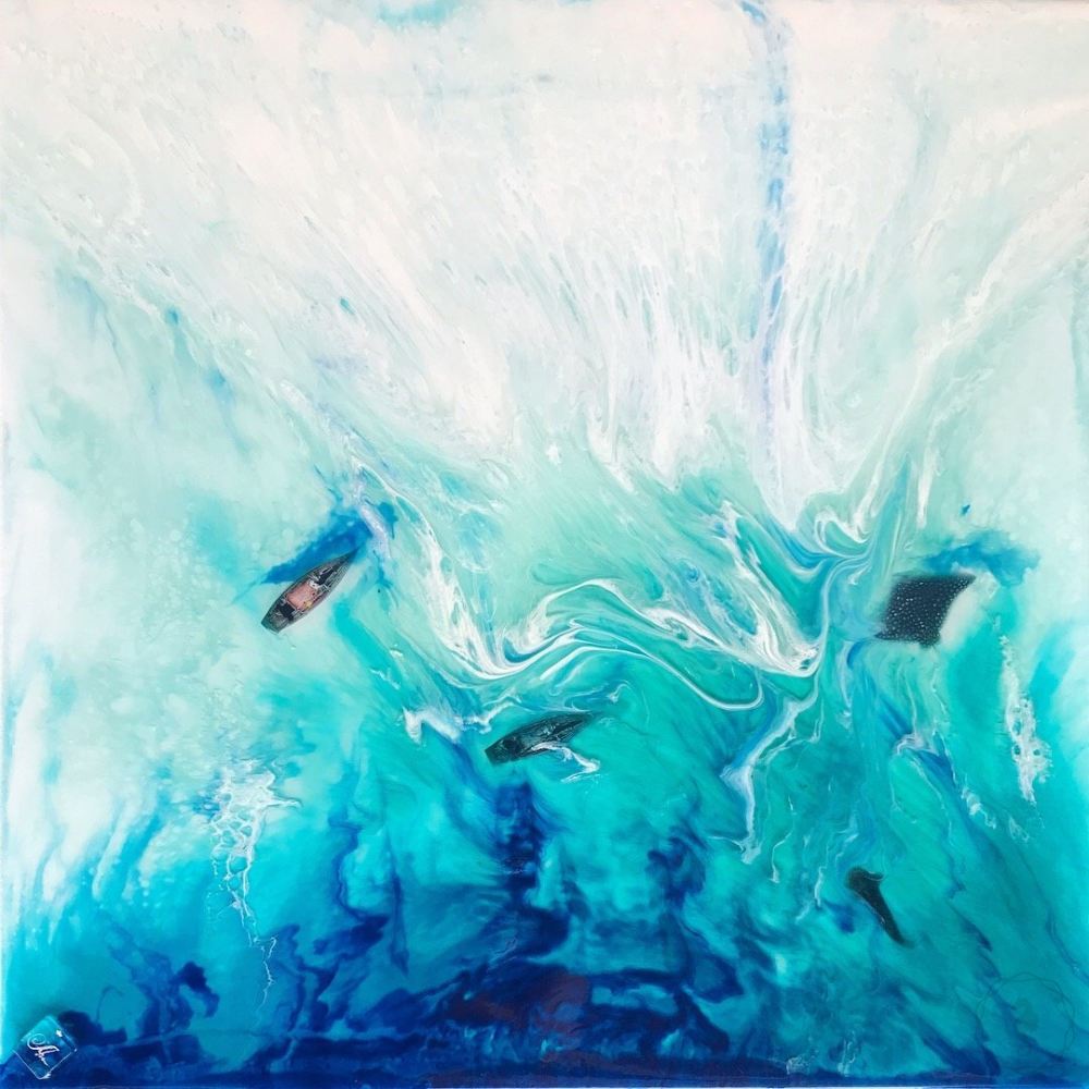 Tropical Resin Artwork with mantas and sailing boats ANTUANELE 3 Timelessness in Ko Bon. Original Abstract Ocean Seascape