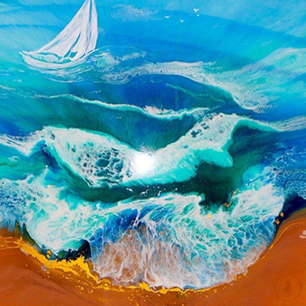 Turquoise artwork. Seascape with yacht. TURQUOISE ocean. Antuanelle 3 Original Artwork.